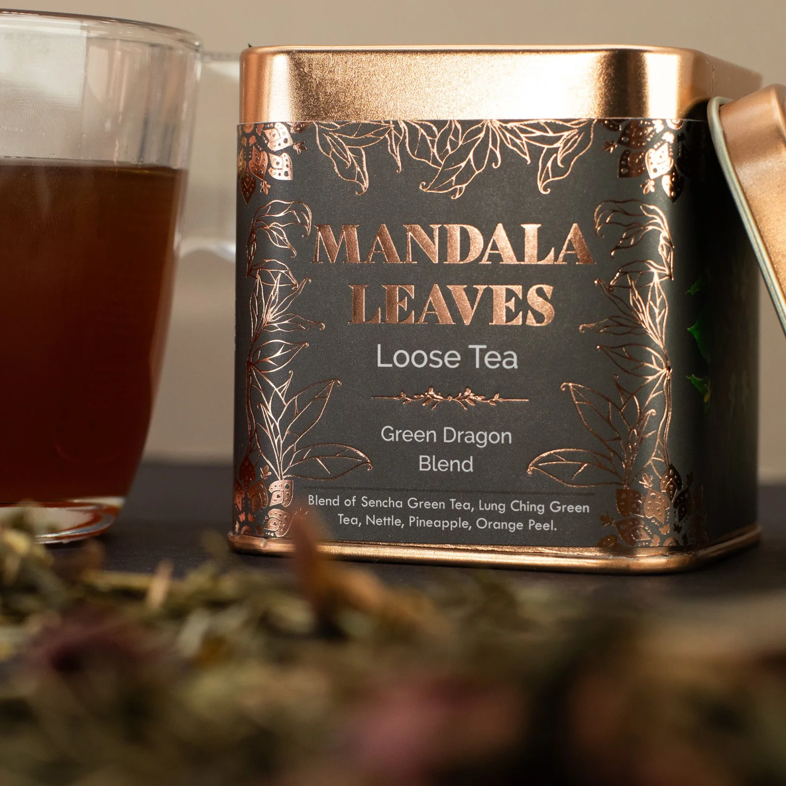 Zelený čaj Green Dragon Blend – ananás a pomaranč, 50 g, plechovka – fotka 7