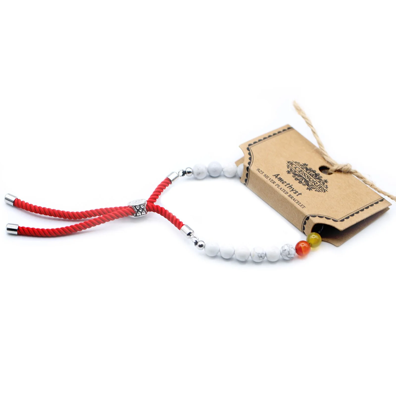 Šnúrkový náramok – biely howlit Chakra, šnúrka Royal Red, postriebrený – fotka 4