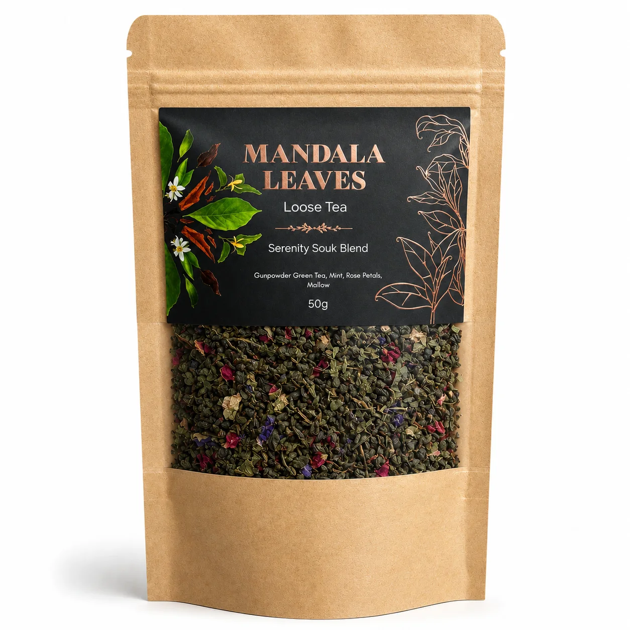 Zelený čaj Serenity Souk – mäta a ružové lupienky, 50 g, vrecko – fotka 1