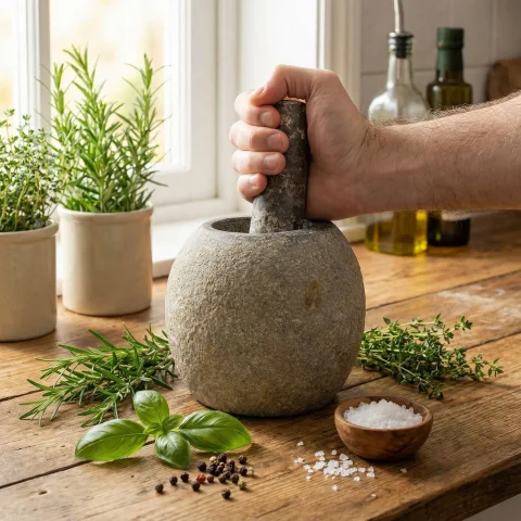 Dekoratívny mažiar s tĺkom z riečneho kameňa – veľký, cca 15 × 12 cm