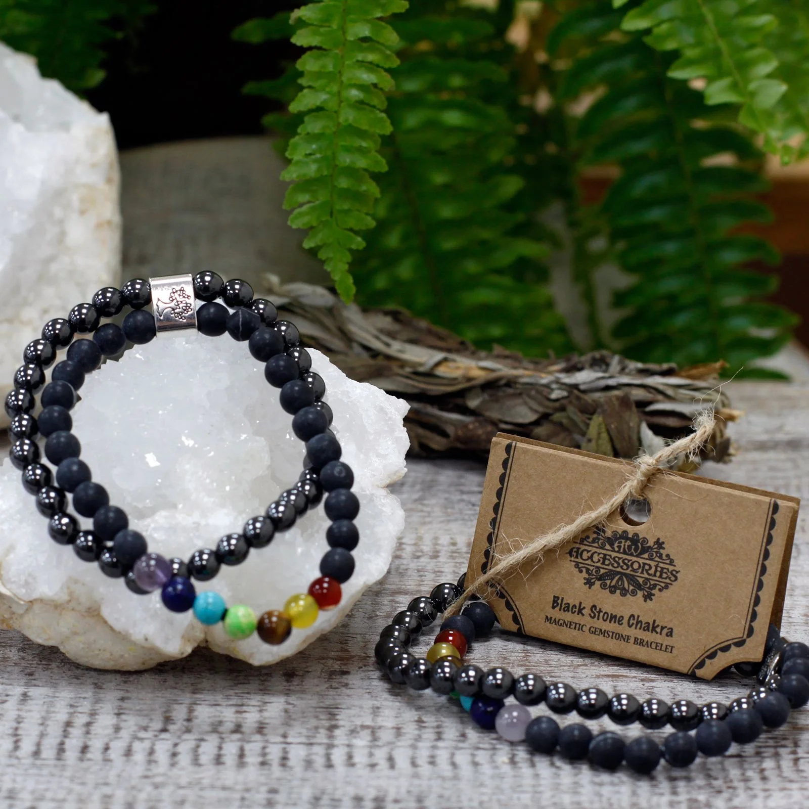 Magnetický náramok z čierneho kameňa Chakra – elastický – fotka 3
