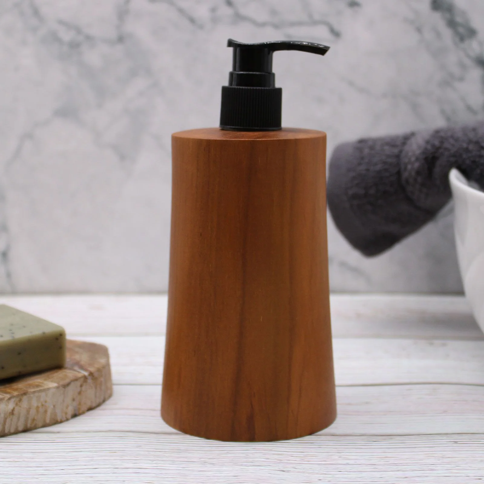 Dávkovač mydla z dreva teak – zužujúci sa, 200 ml – fotka 4