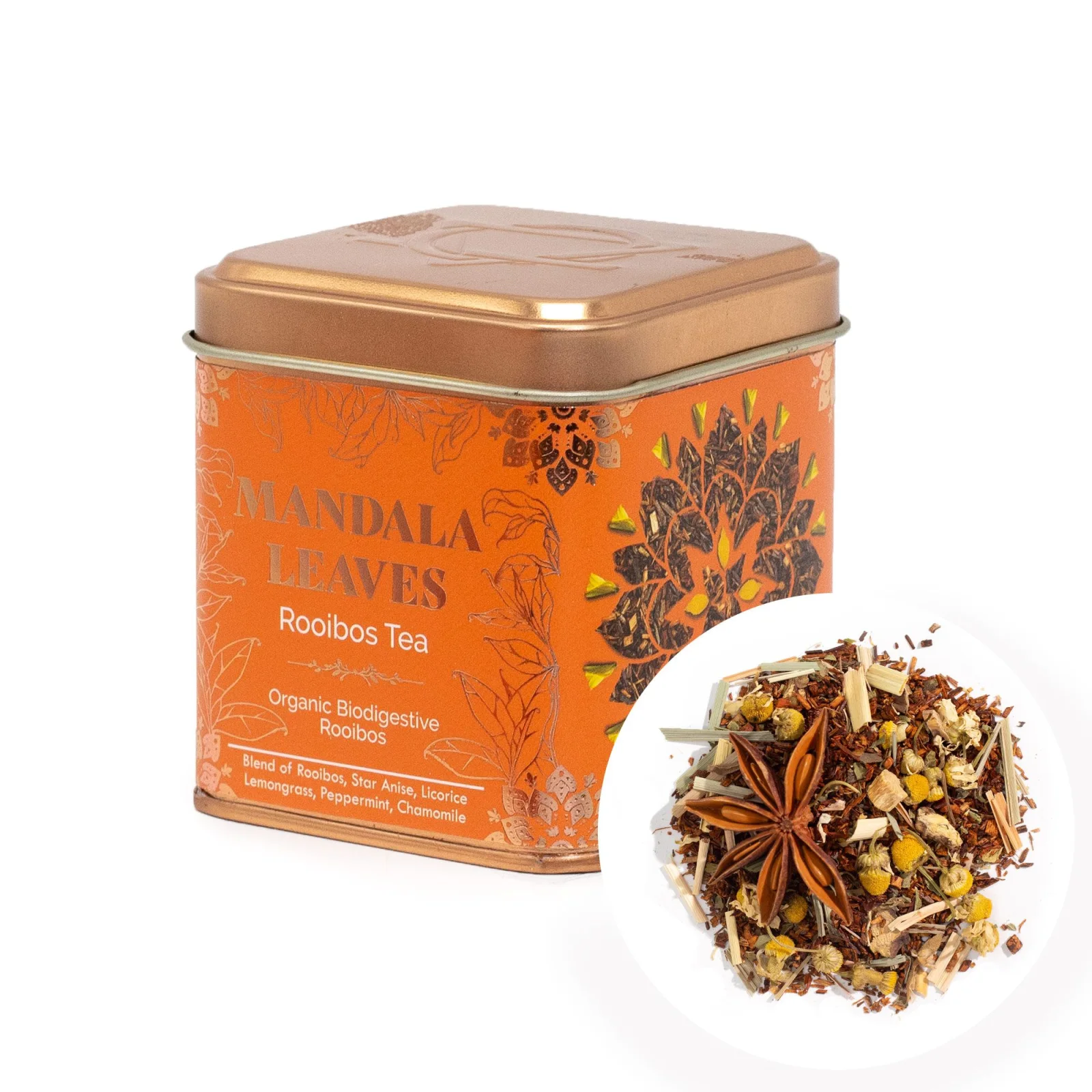 Rooibos Biodigest – mäta, harmanček a aníz, 50 g, plechovka – fotka 1