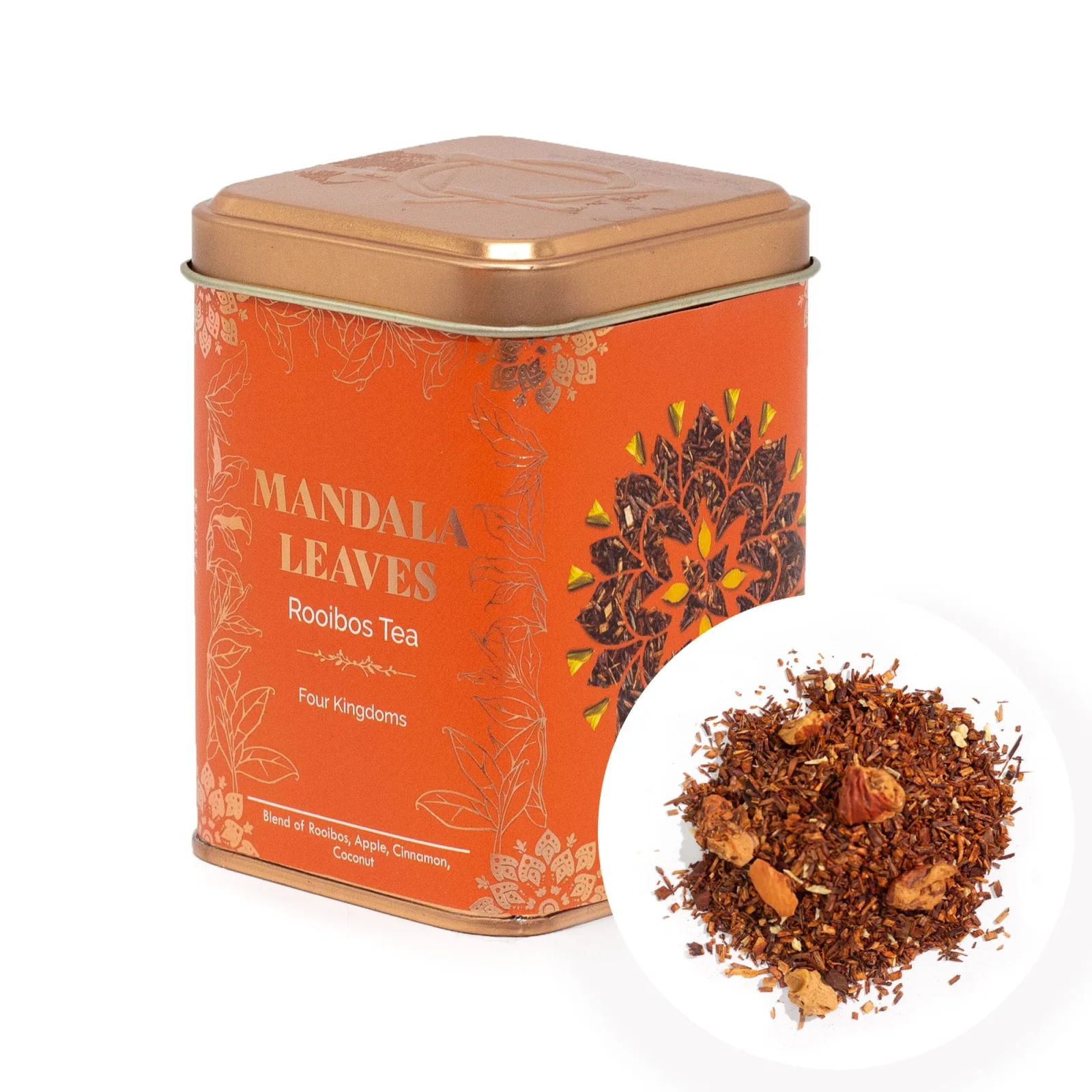 Rooibos Four Kingdoms – jablko, škorica a kokos, 50 g, plechovka – fotka 1