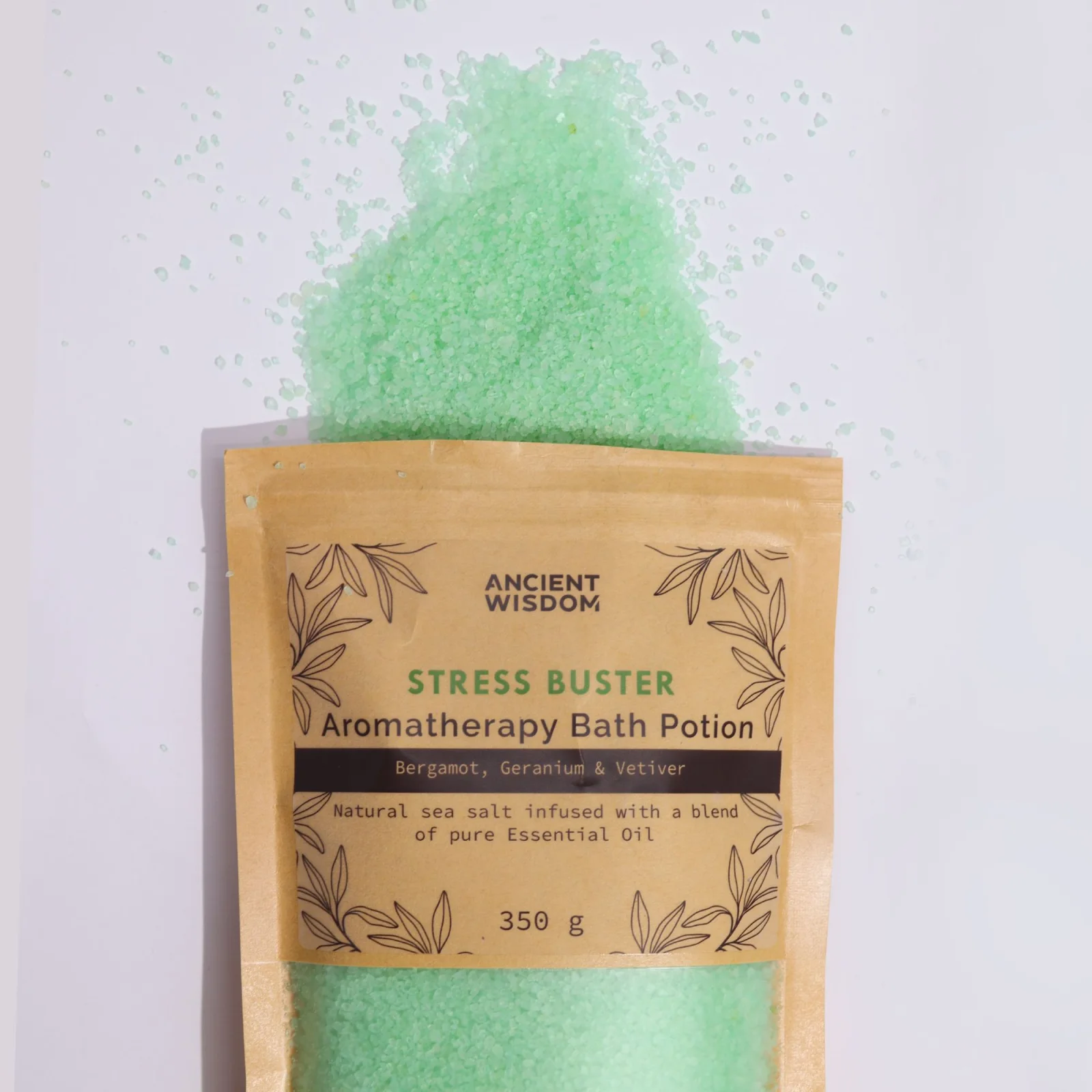 Soľ do kúpeľa Stress Buster – bergamot, pelargónia a vetiver, 350 g – fotka 1