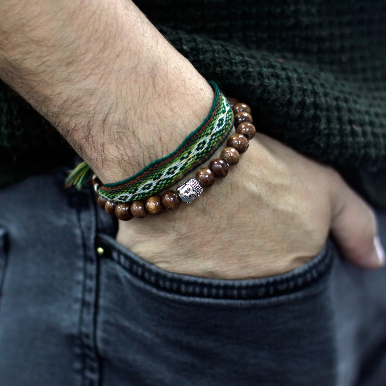Drevený náramok Brown Beads & Buddha – hnedé korálky – fotka 2