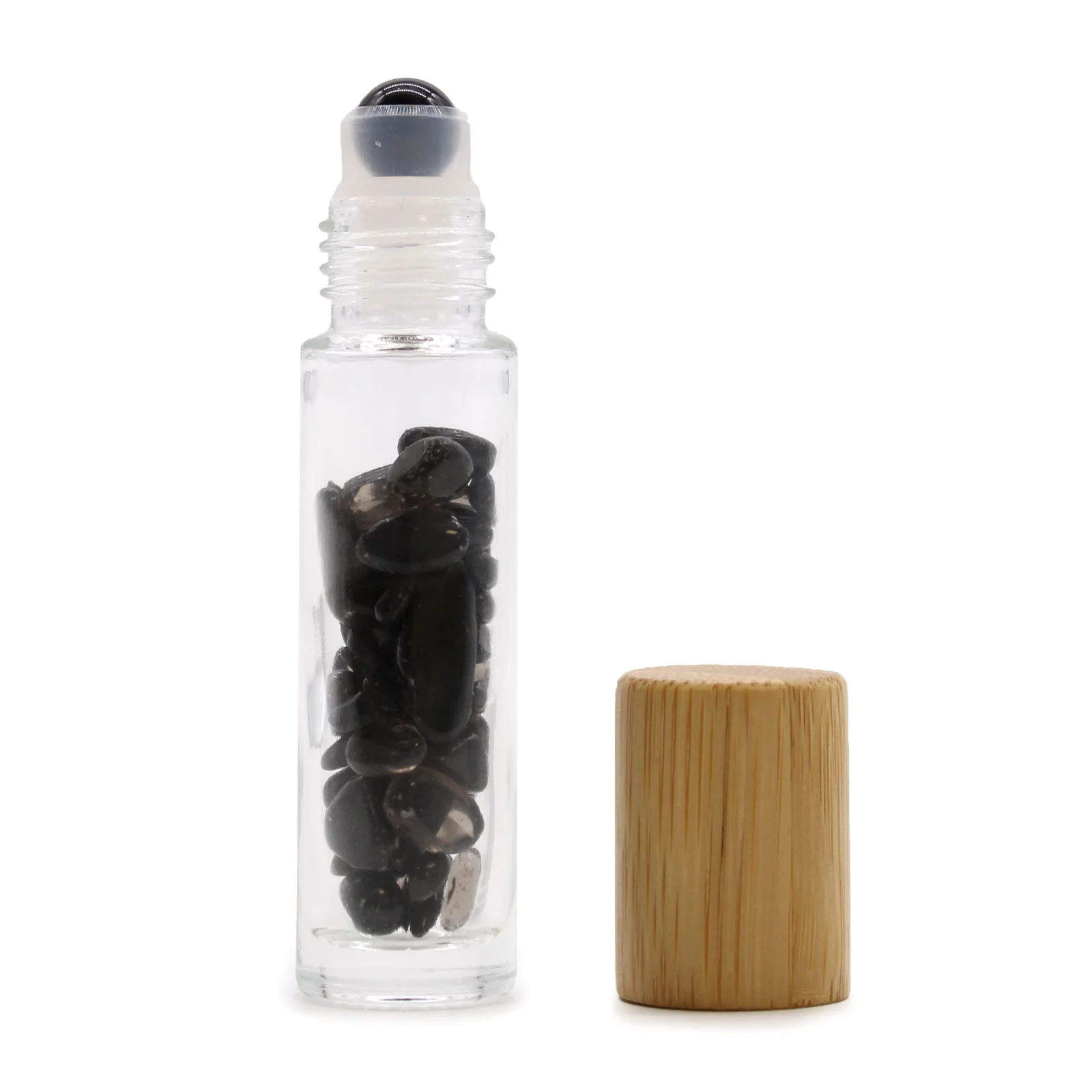 Roll-on fľaštička s čiernym turmalínom, 5 ml – drevené viečko – fotka 1