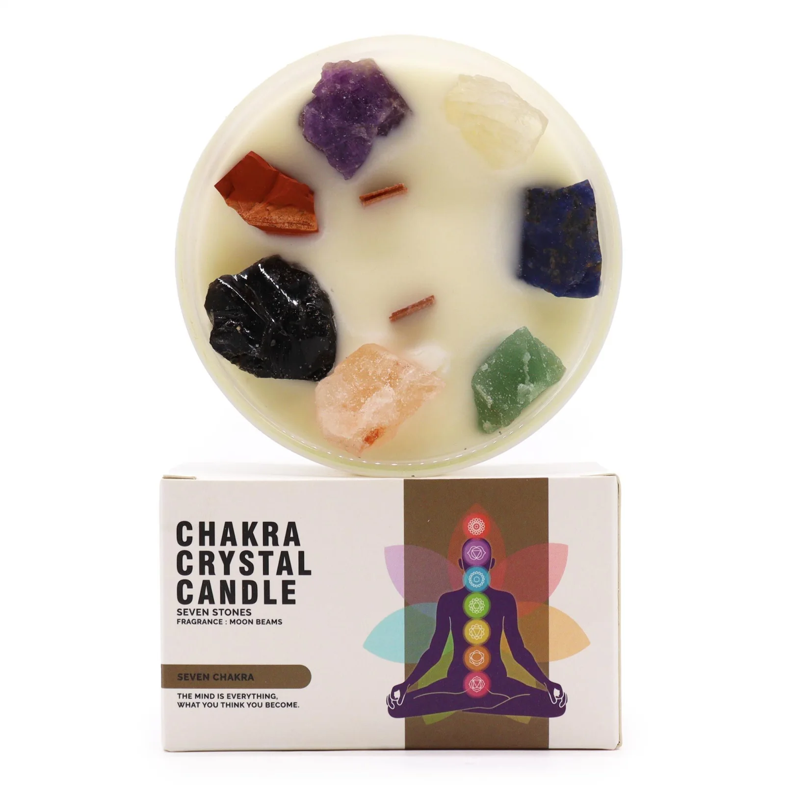 Veľká sójová sviečka s kryštálmi Seven Chakra – Moon Beams, 23 hodín – fotka 1