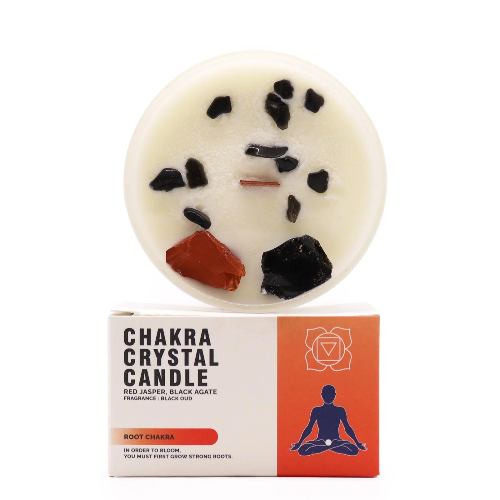 Sójová sviečka s kryštálmi Root Chakra – black oud, 17 hodín – fotka 1