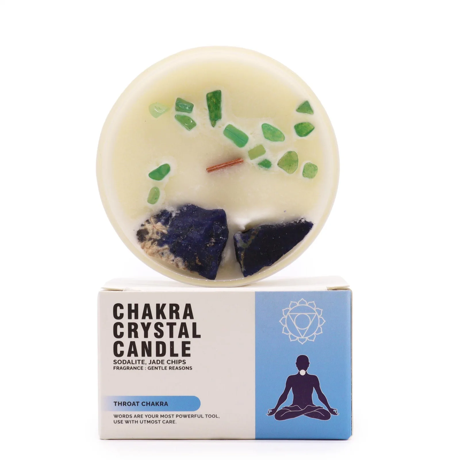 Sójová sviečka s kryštálmi Throat Chakra – Gentle Reasons, 17 hodín – fotka 1