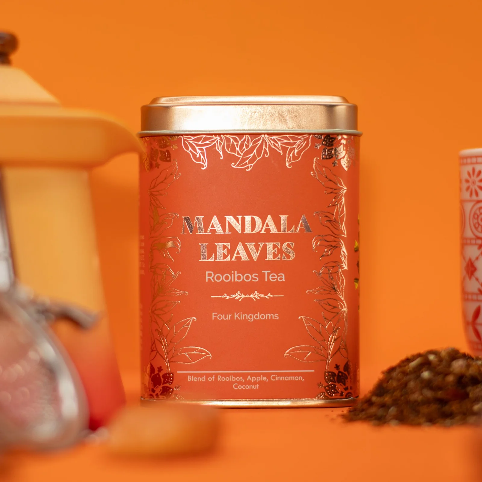 Rooibos Four Kingdoms – jablko, škorica a kokos, 50 g, plechovka – fotka 8