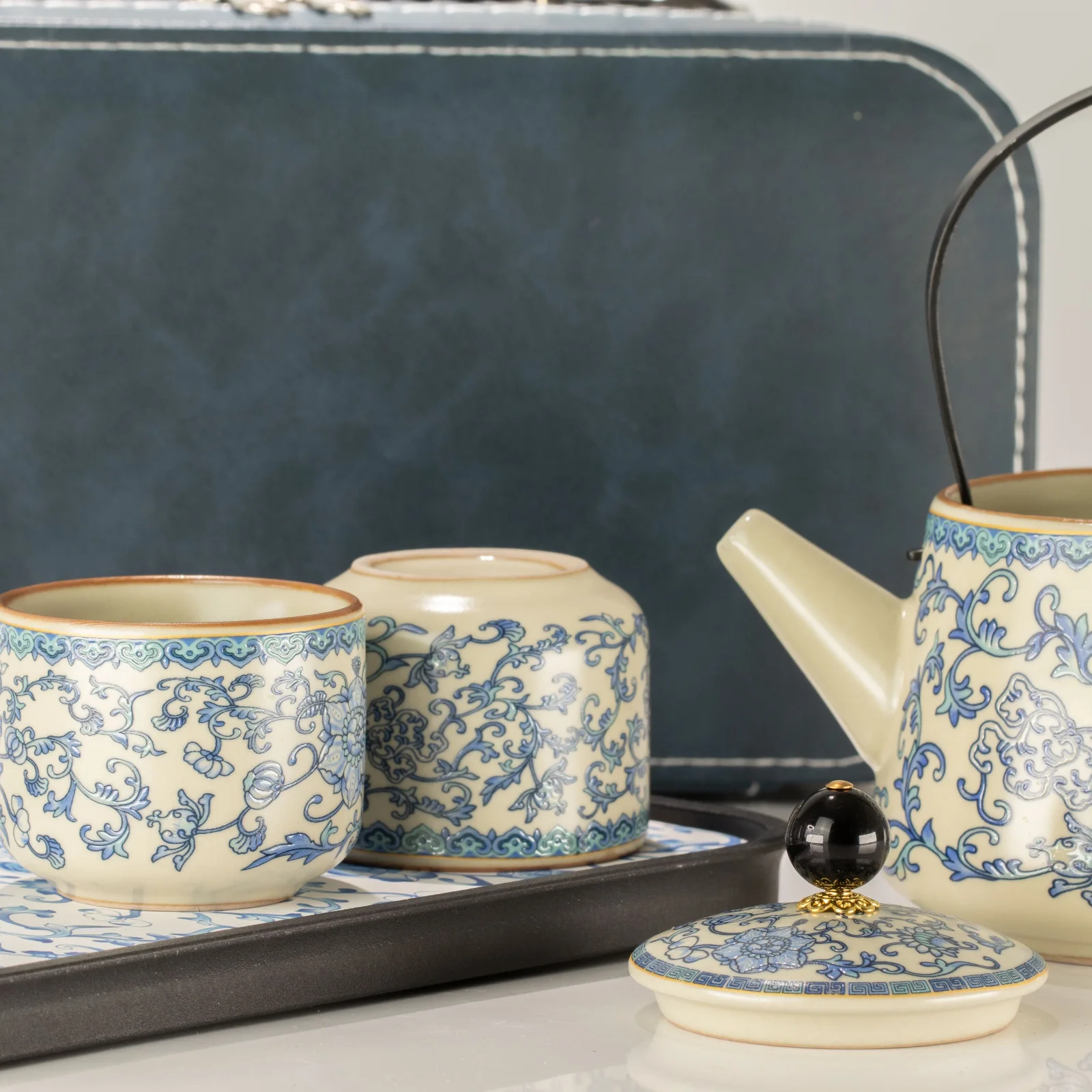 Cestovná čajová sada China Ru Blue – kanvica a 2 šálky – fotka 6