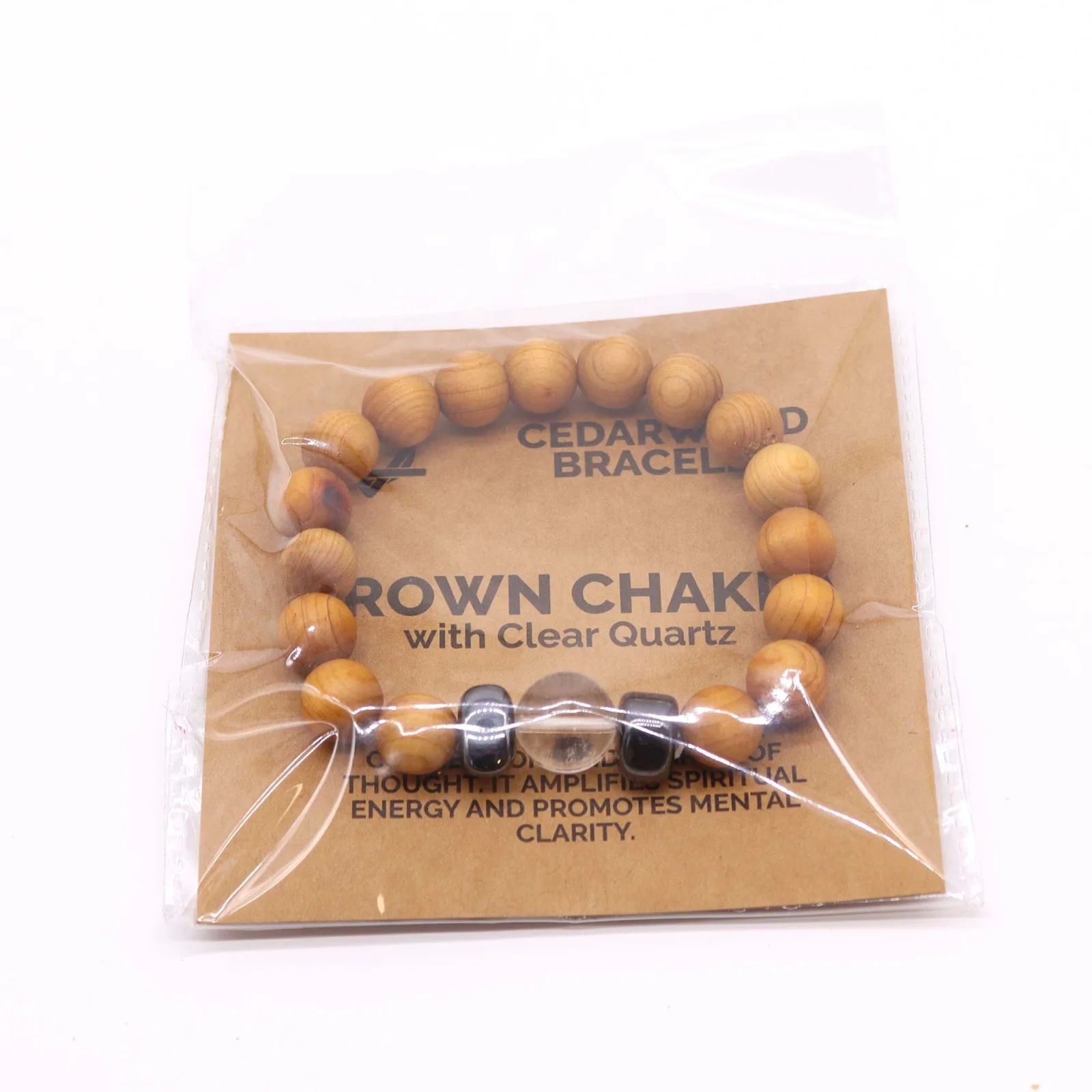 Náramok z cédrového dreva Crown Chakra – číry krištáľ – fotka 2