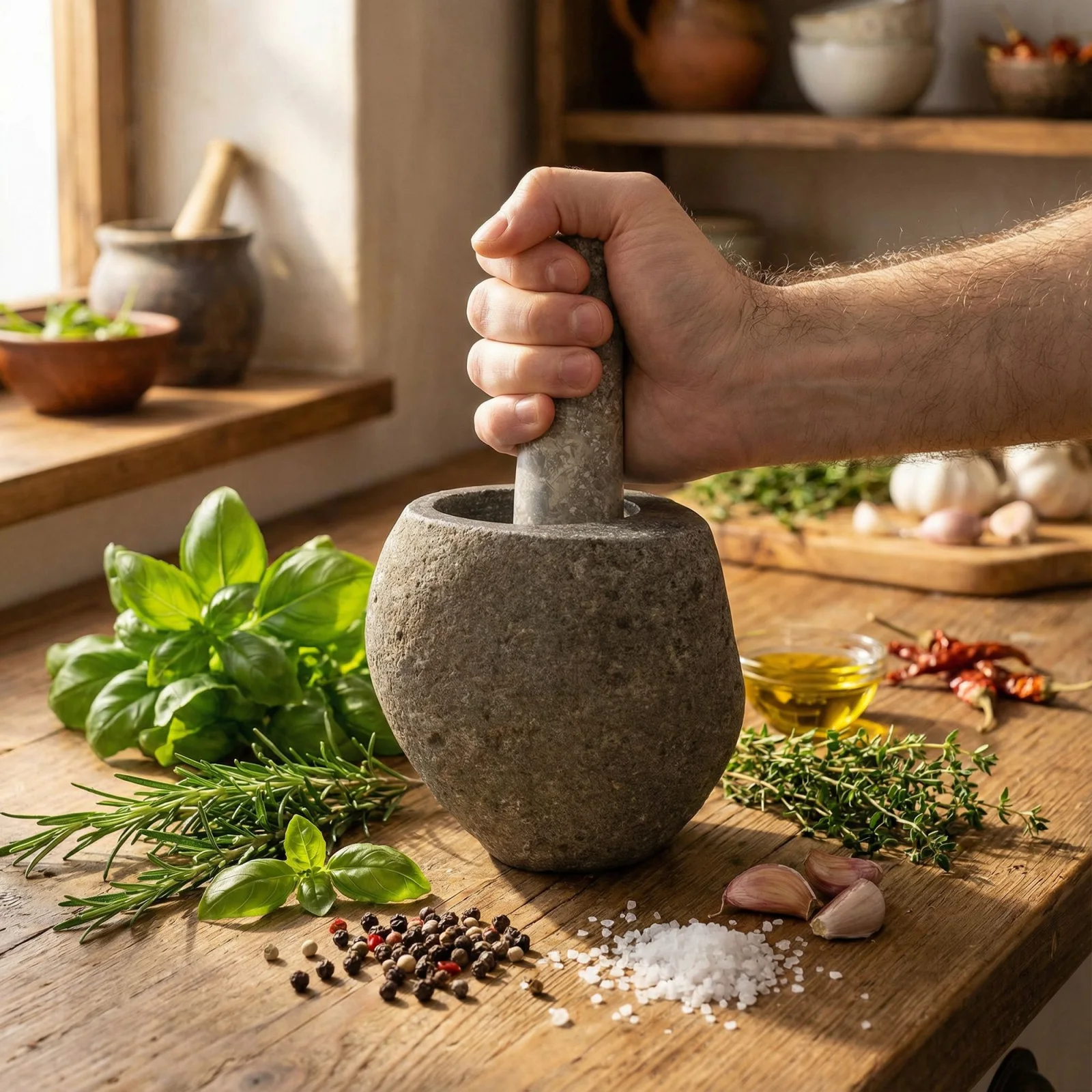 Dekoratívny mažiar s tĺkom z riečneho kameňa – stredný, cca 12 × 8 cm – fotka 5