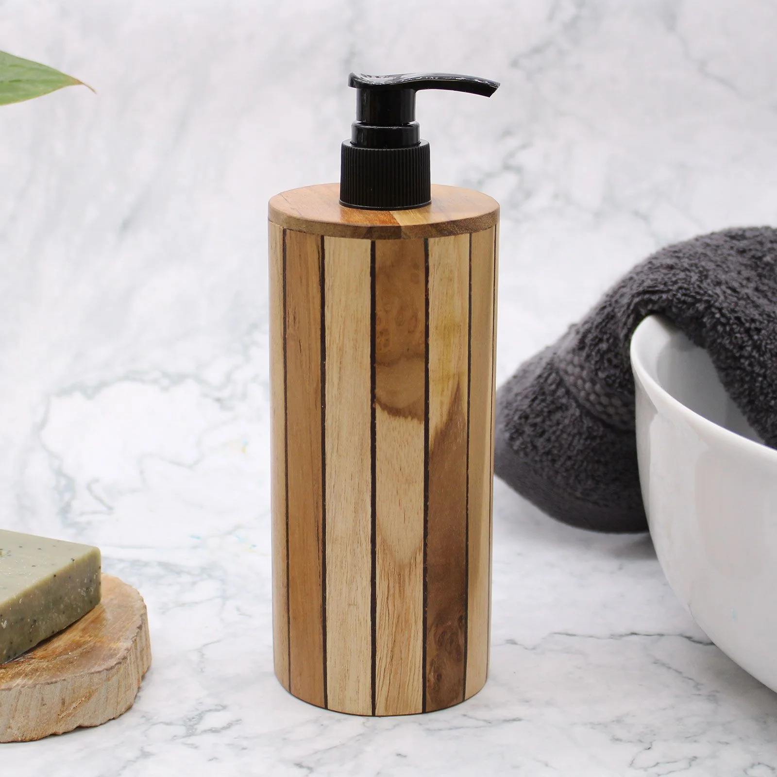 Dávkovač mydla z dreva teak – okrúhly, 200 ml – fotka 1