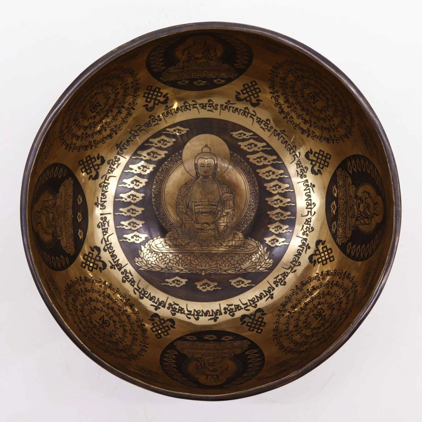 Tibetská gravírovaná miska – 5 Buddhov, 21 cm – fotka 2