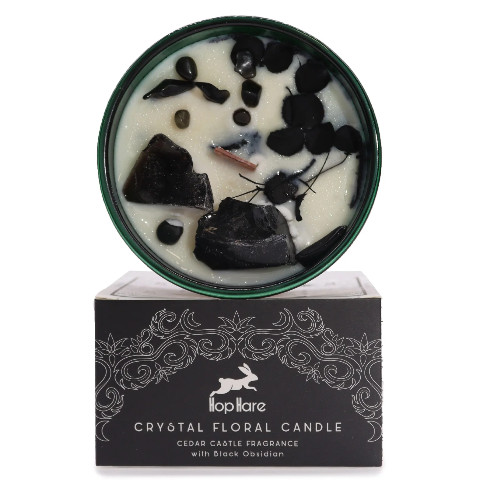 Sójová sviečka s kryštálom Hop Hare The King of Swords – čierny obsidián – fotka 1