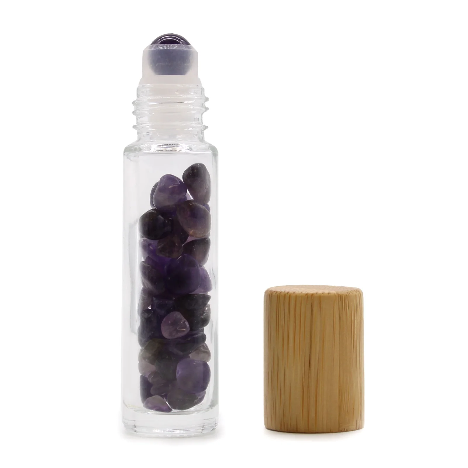 Roll-on fľaštička s ametystom, 5 ml – drevené viečko – fotka 1