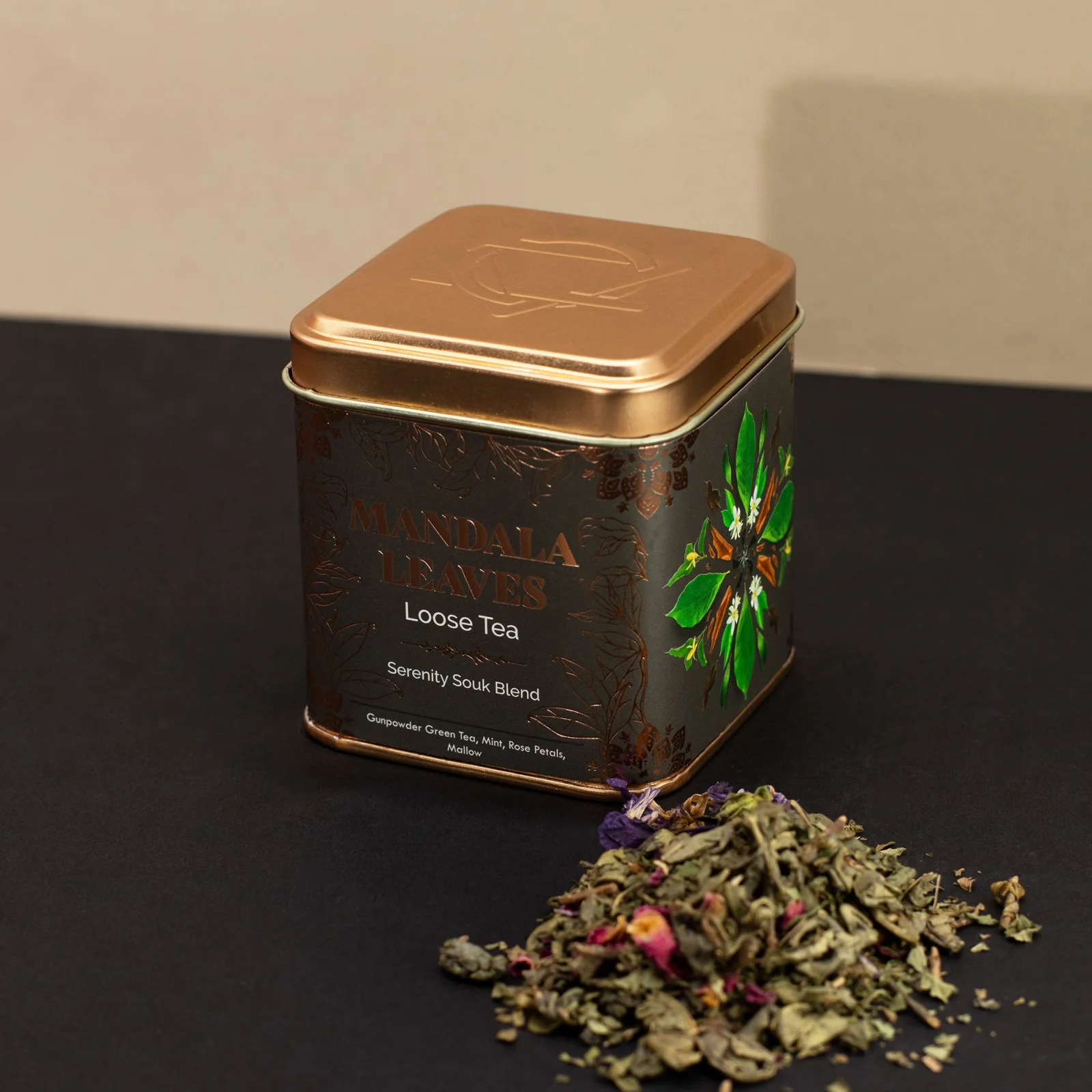 Zelený čaj Serenity Souk – mäta a ružové lupienky, 50 g, plechovka – fotka 4