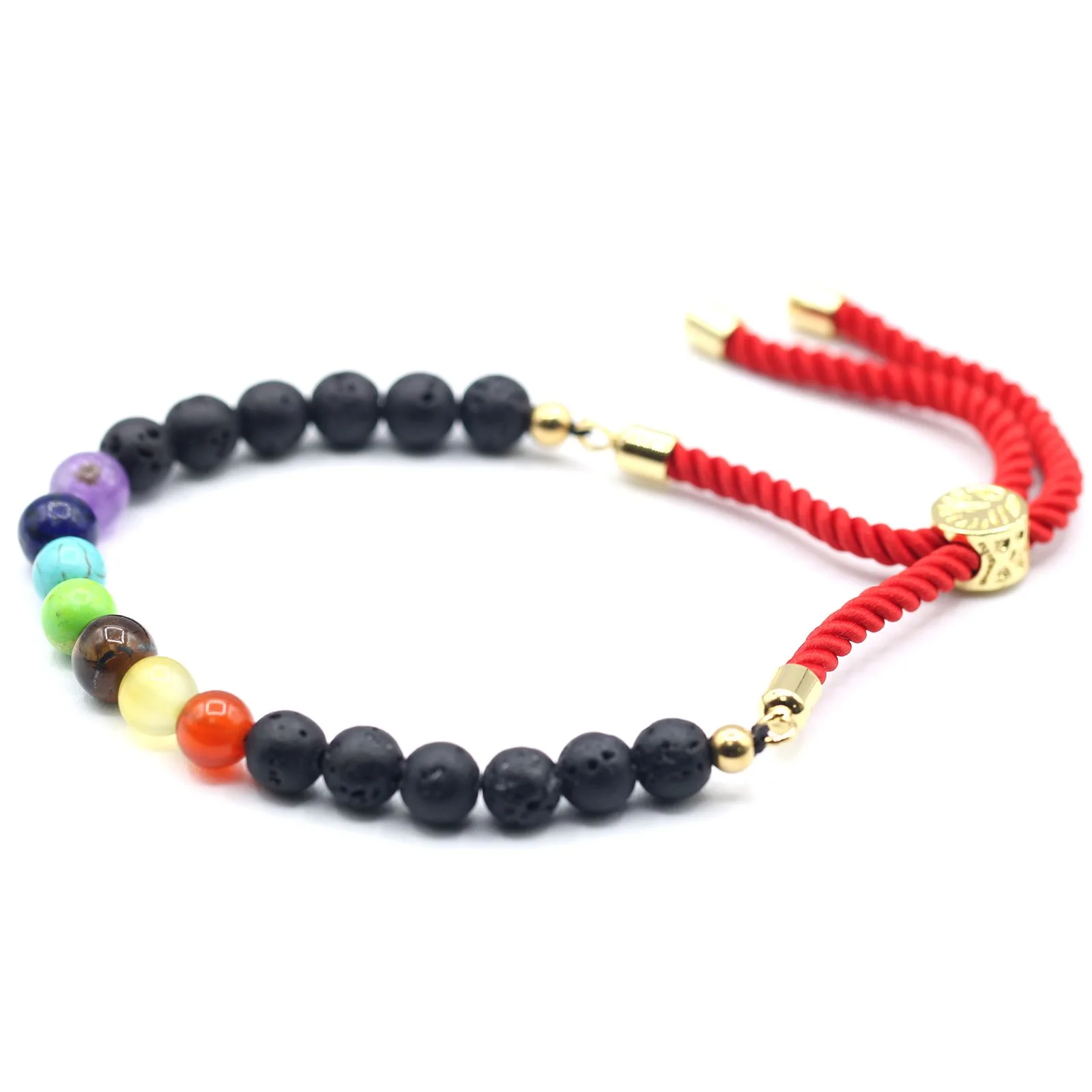 Šnúrkový náramok – lávový kameň Chakra, šnúrka Royal, pozlátený – fotka 1