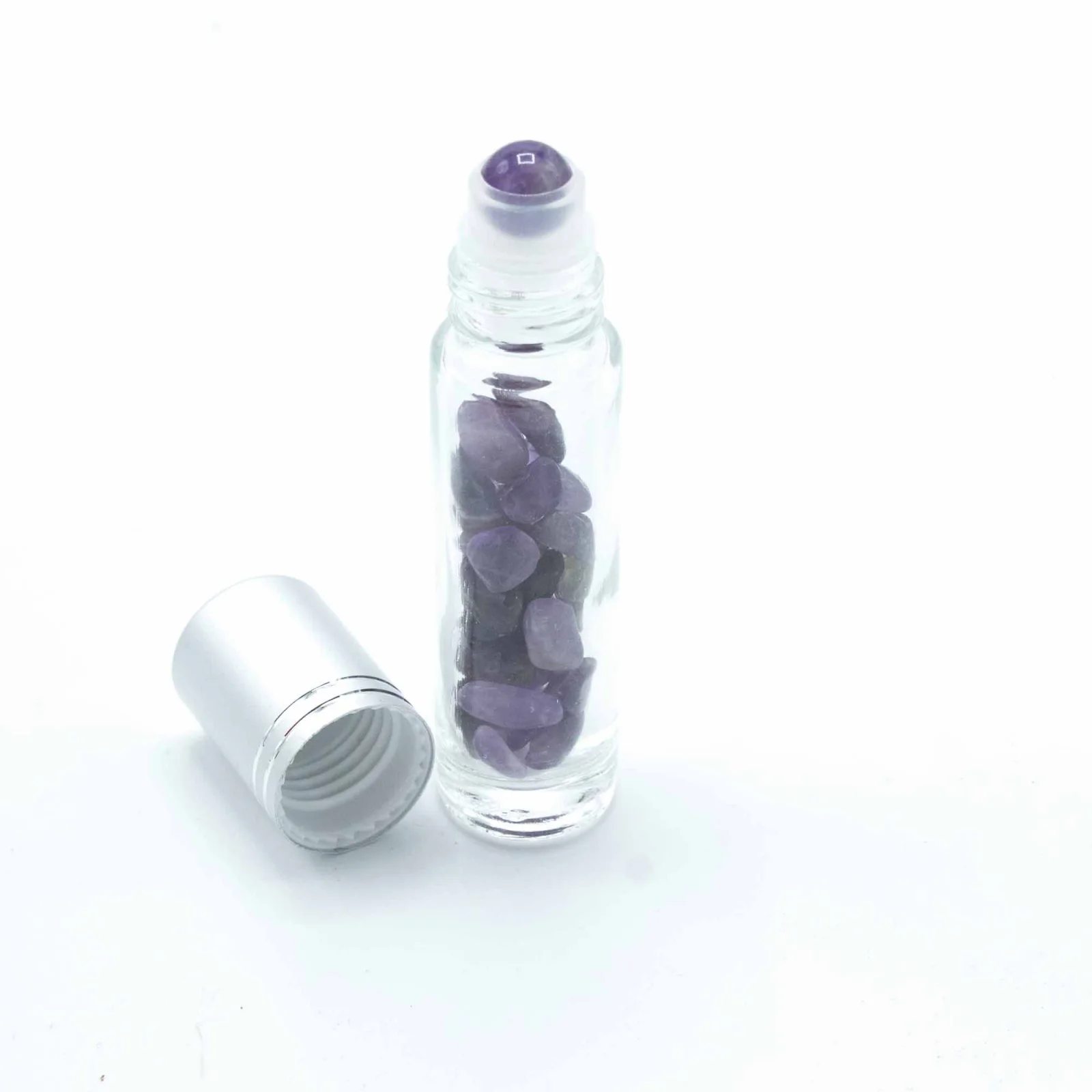 Roll-on fľaštička s ametystom, 5 ml – strieborné viečko – fotka 2