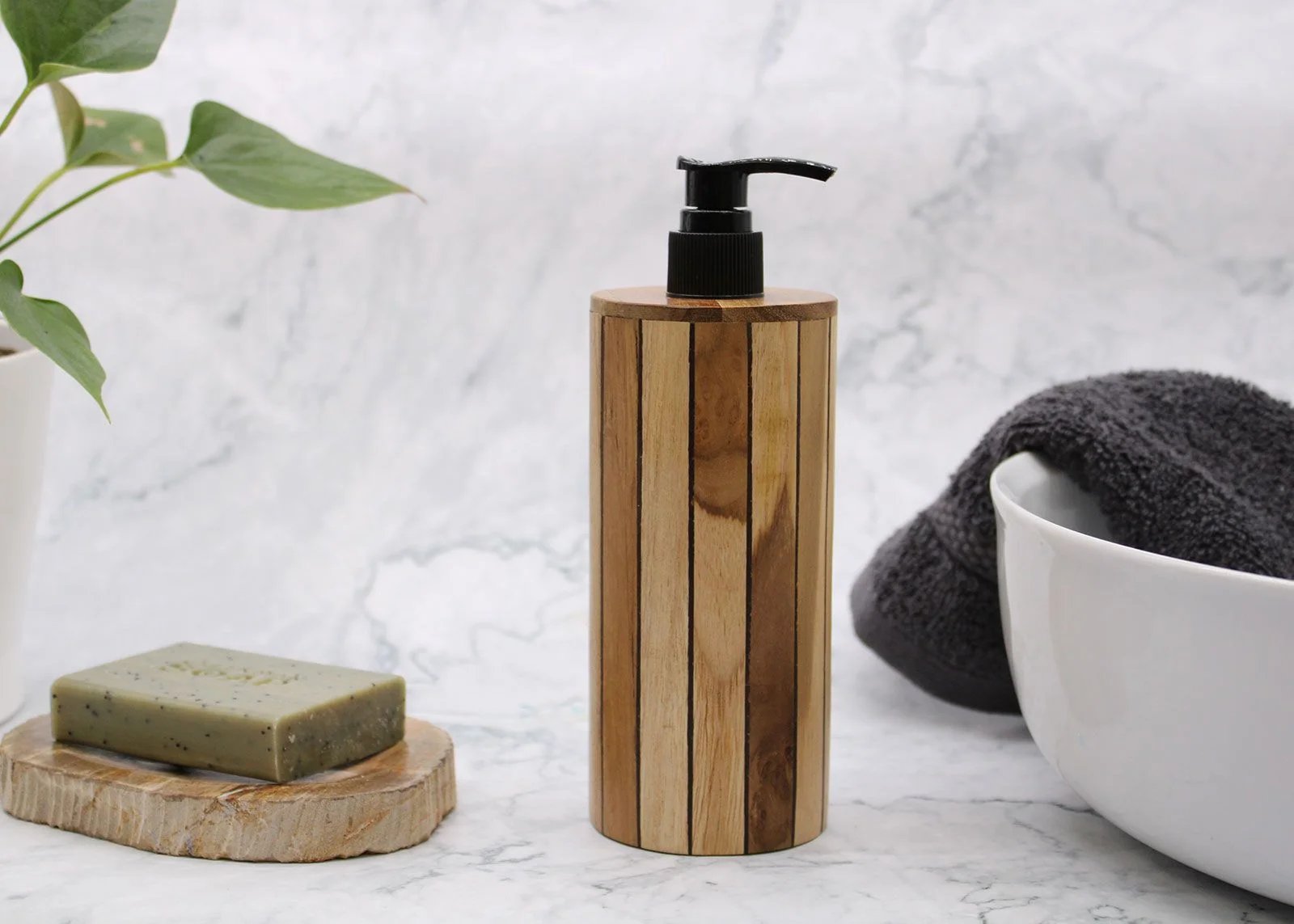 Dávkovač mydla z dreva teak – okrúhly, 200 ml – fotka 3
