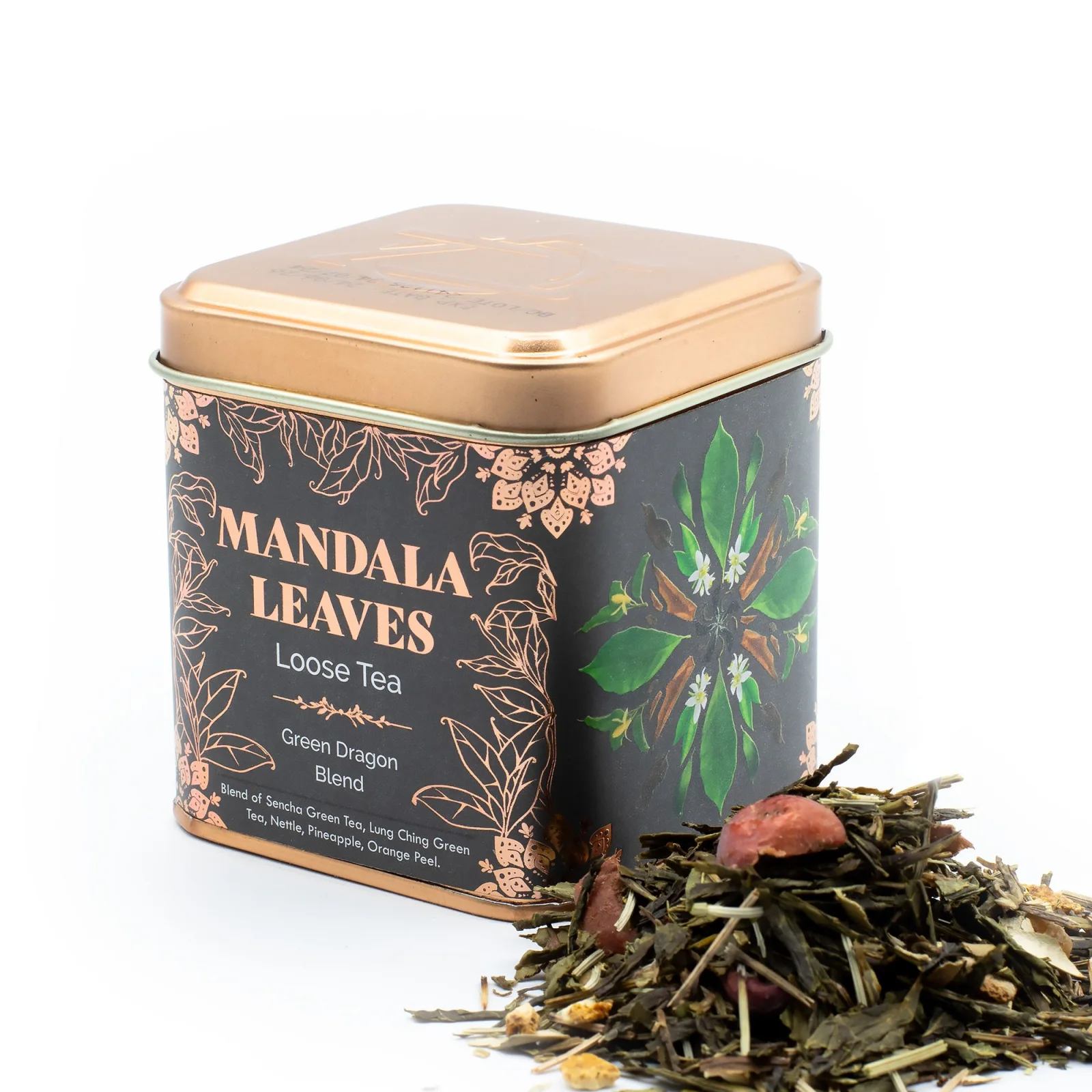 Zelený čaj Green Dragon Blend – ananás a pomaranč, 50 g, plechovka – fotka 2