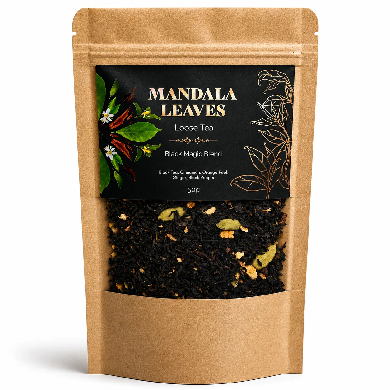 Čierny čaj Black Magic Blend – škorica a zázvor, 50 g, vrecko – fotka 1