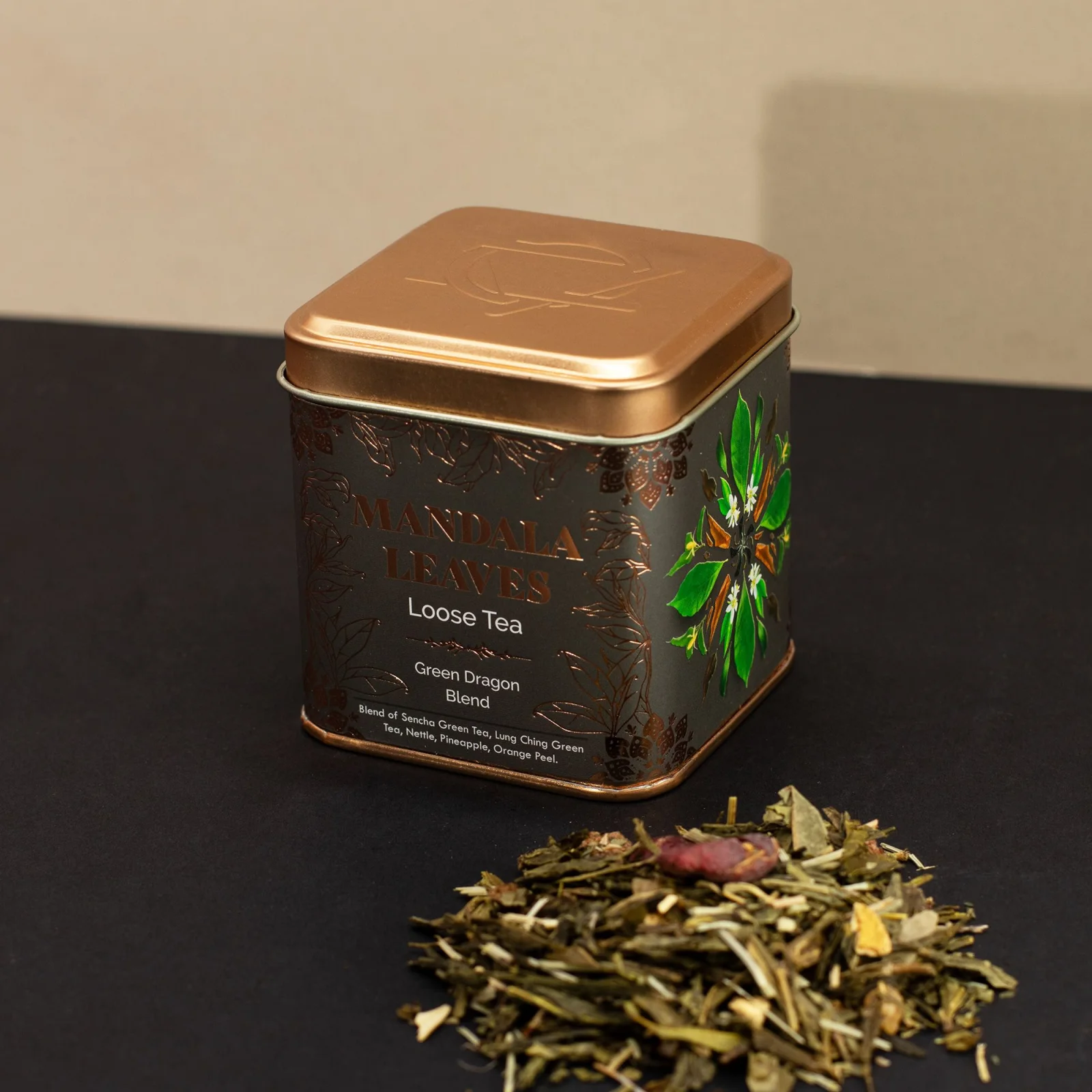 Zelený čaj Green Dragon Blend – ananás a pomaranč, 50 g, plechovka – fotka 11