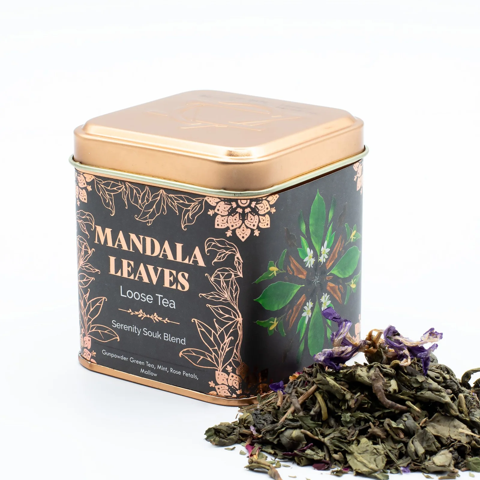 Zelený čaj Serenity Souk – mäta a ružové lupienky, 50 g, plechovka – fotka 1