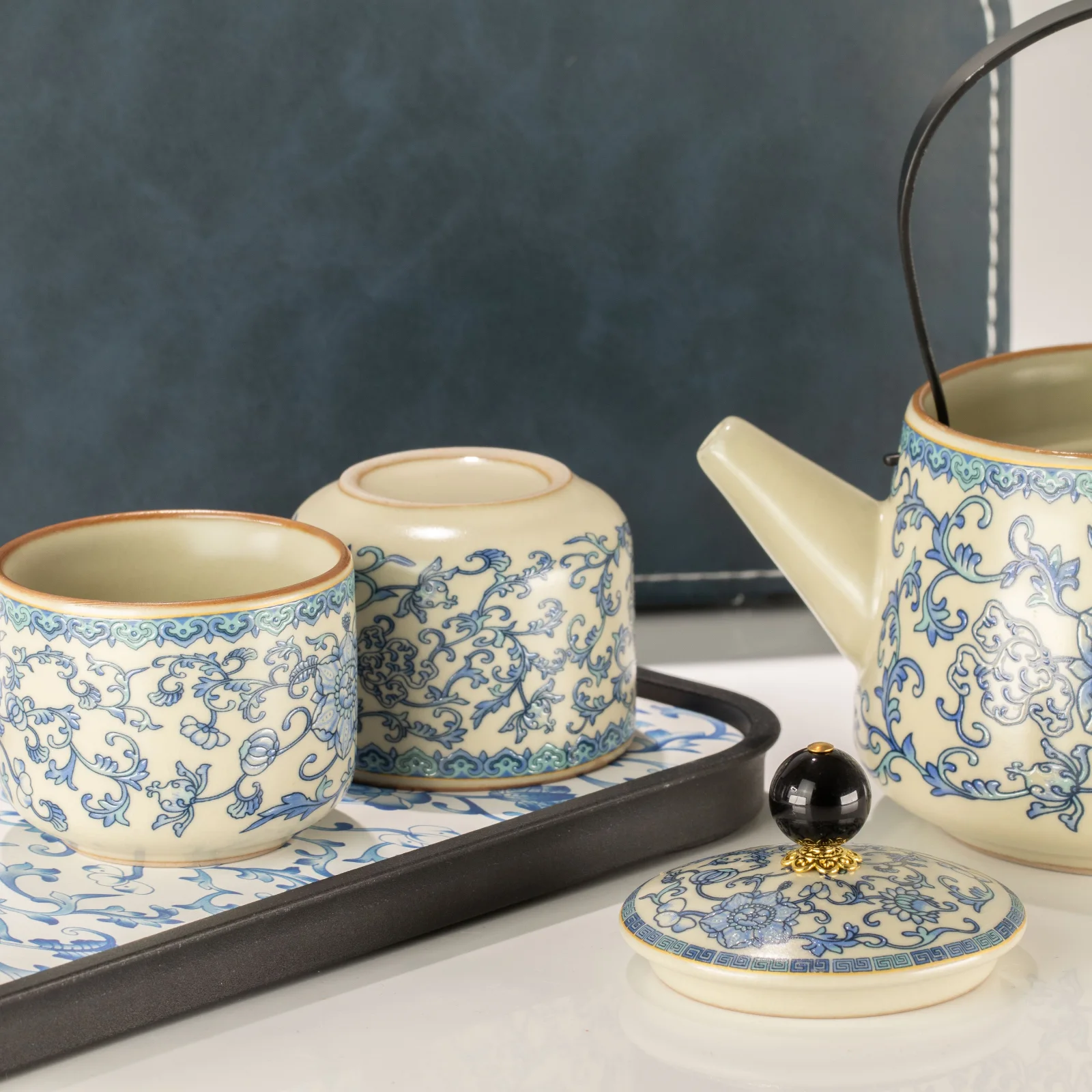 Cestovná čajová sada China Ru Blue – kanvica a 2 šálky – fotka 5