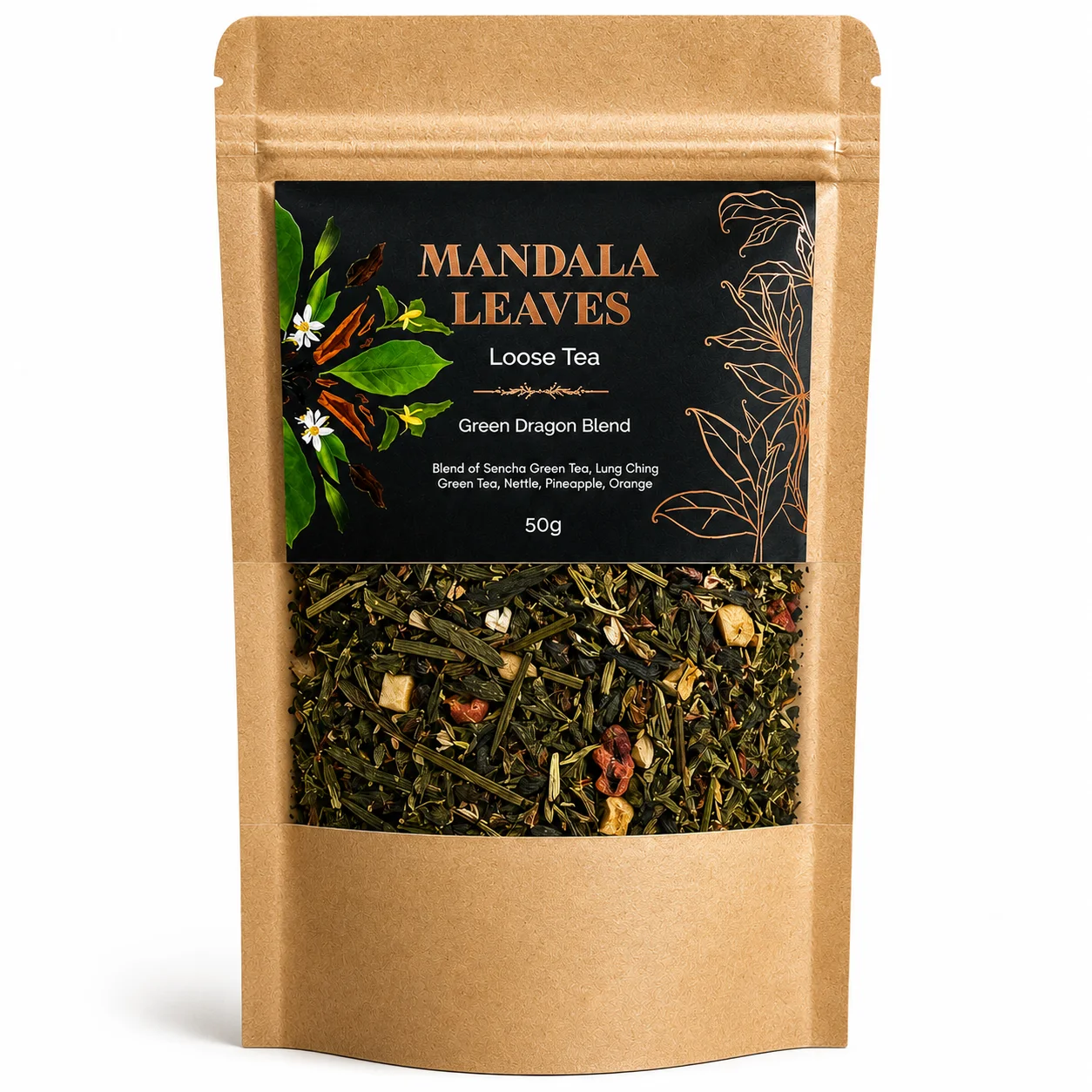 Zelený čaj Green Dragon Blend – ananás a pomaranč, 50 g, vrecko – fotka 1