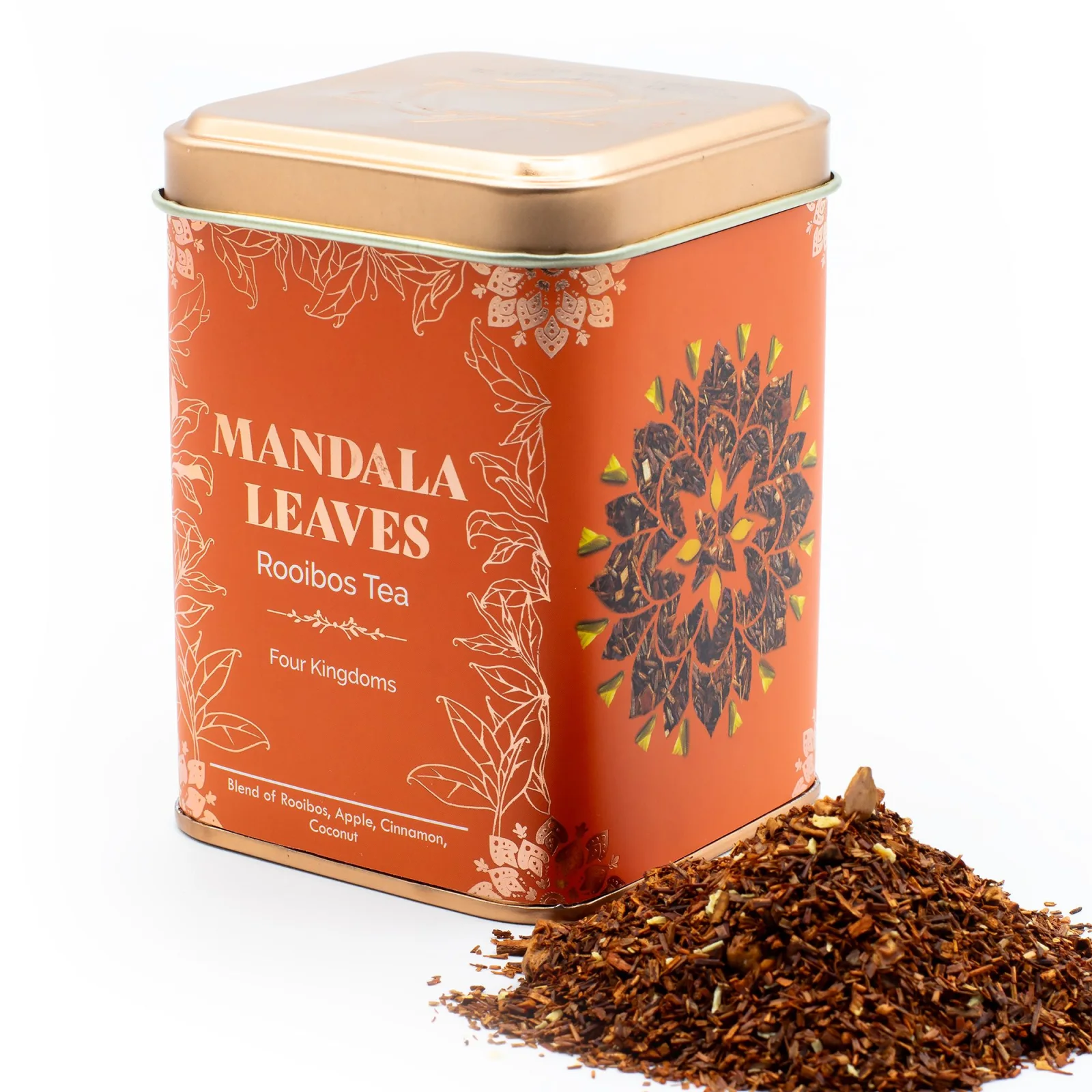 Rooibos Four Kingdoms – jablko, škorica a kokos, 50 g, plechovka – fotka 2