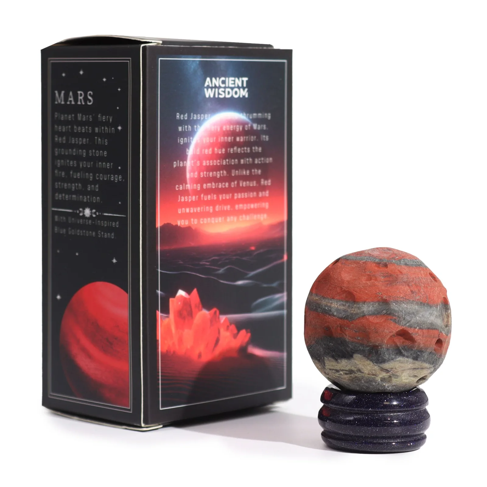 Planéta Mars z červeného jaspisu na stojane z goldstonu, 40 mm – fotka 2