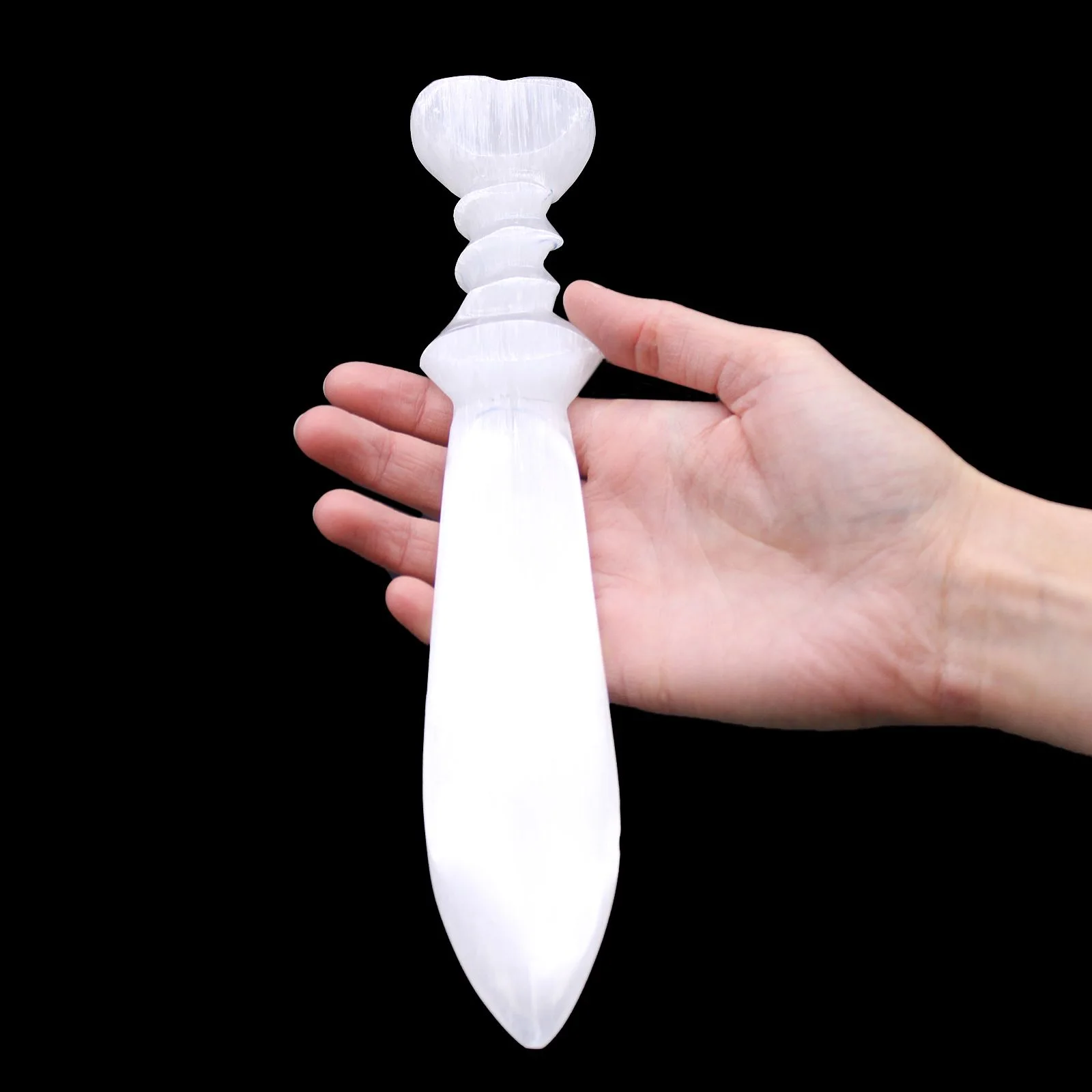 Veľký selenitový rituálny nôž – špirála, 25 cm – fotka 4