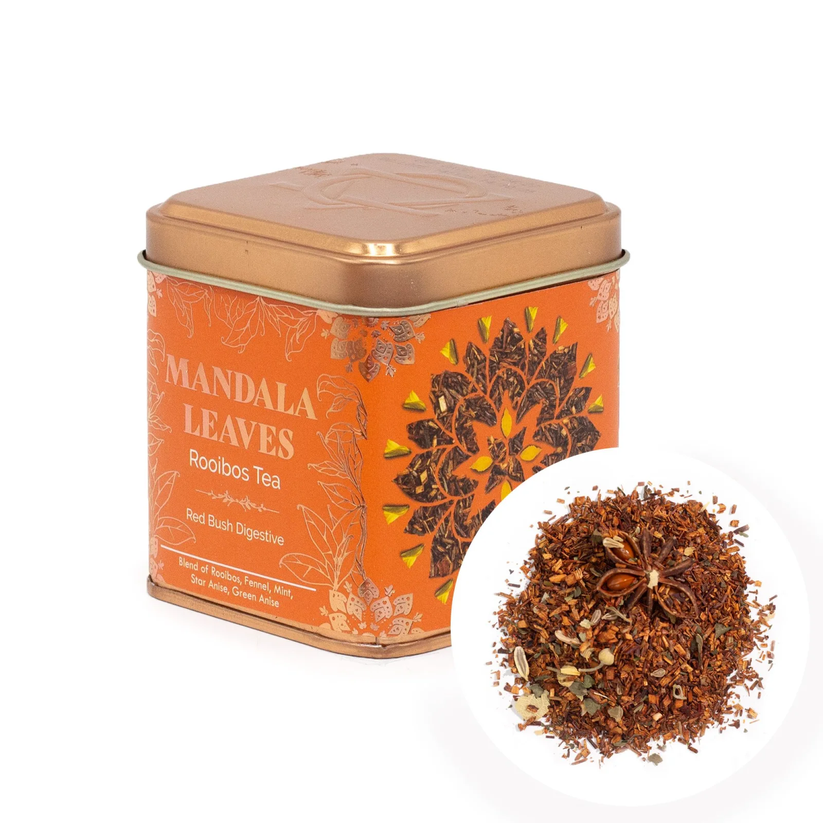 Rooibos Red Bush Digestive – mäta, feniklo a aníz, 50 g, plechovka – fotka 1
