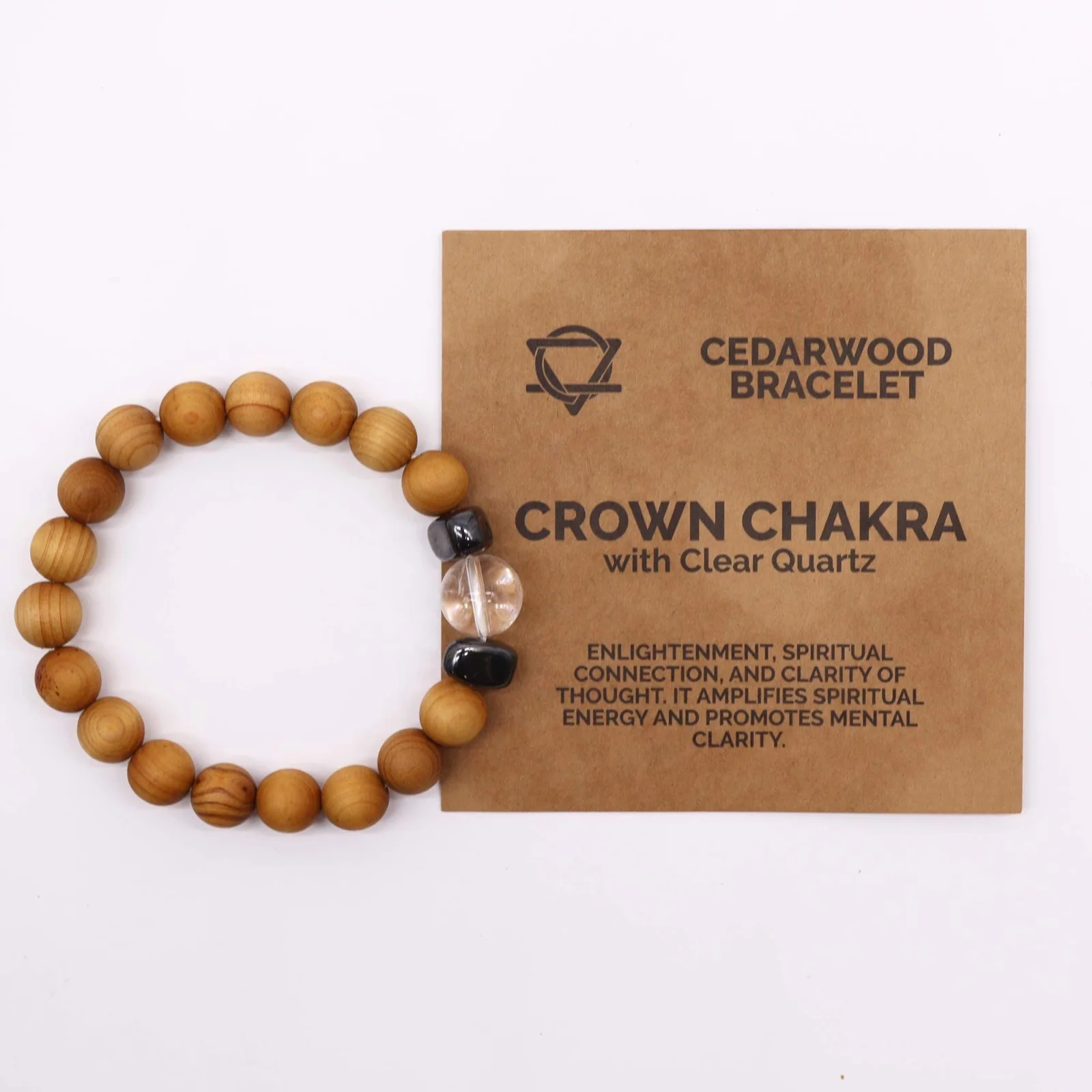 Náramok z cédrového dreva Crown Chakra – číry krištáľ – fotka 4