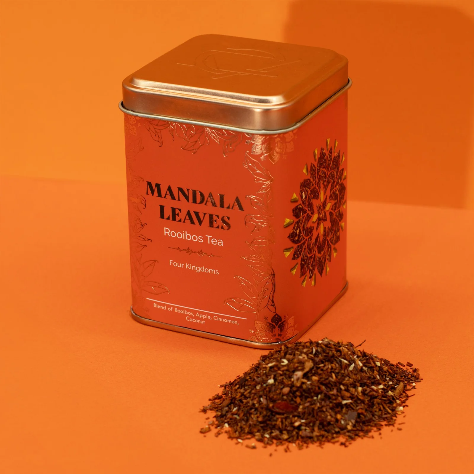 Rooibos Four Kingdoms – jablko, škorica a kokos, 50 g, plechovka – fotka 5