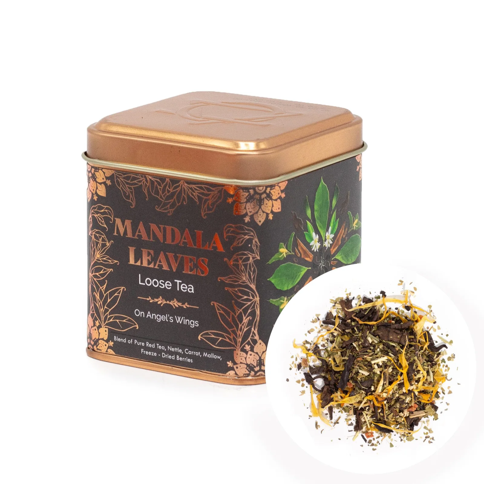 Ovocný čaj On Angels Wings – pu-erh, maté a bobule, 50 g, plechovka – fotka 1
