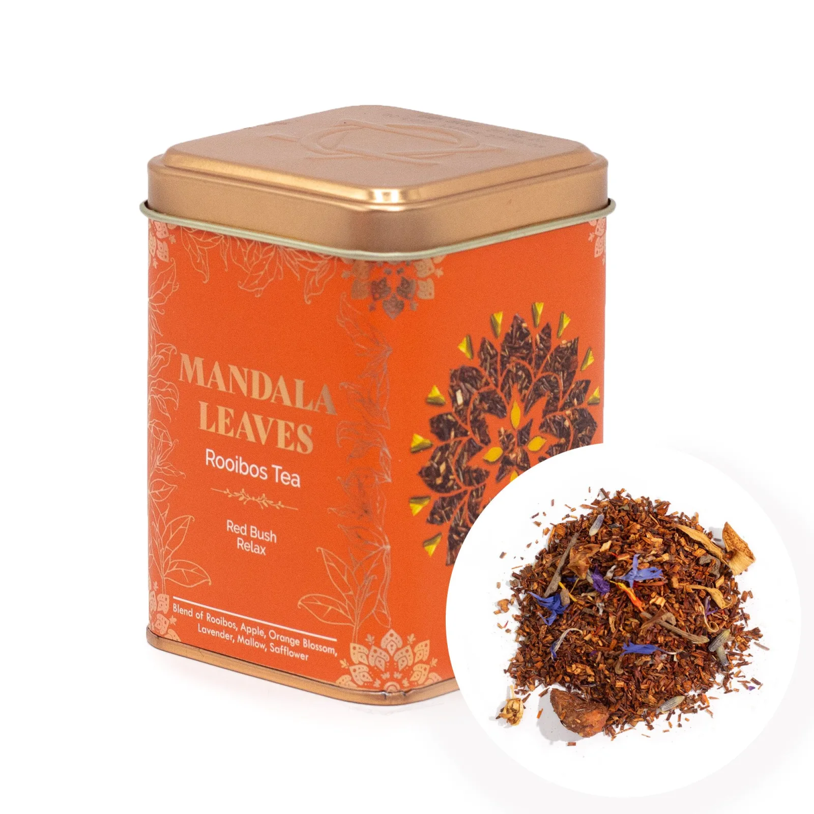Rooibos Red Bush Relax – jablko a levanduľa, 50 g, plechovka – fotka 1