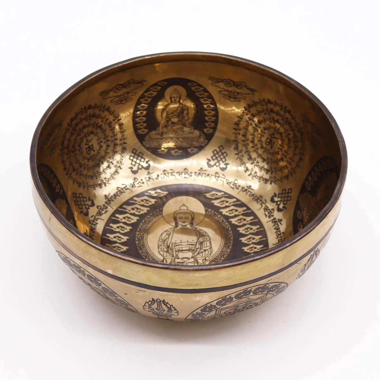 Tibetská gravírovaná miska – 5 Buddhov, 21 cm – fotka 3