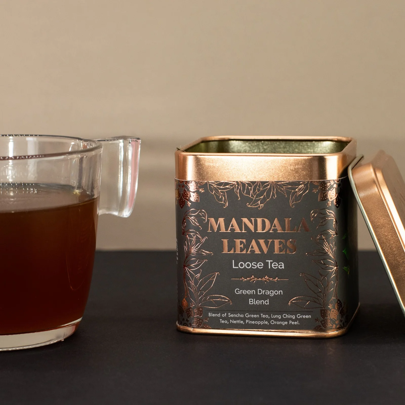 Zelený čaj Green Dragon Blend – ananás a pomaranč, 50 g, plechovka – fotka 3