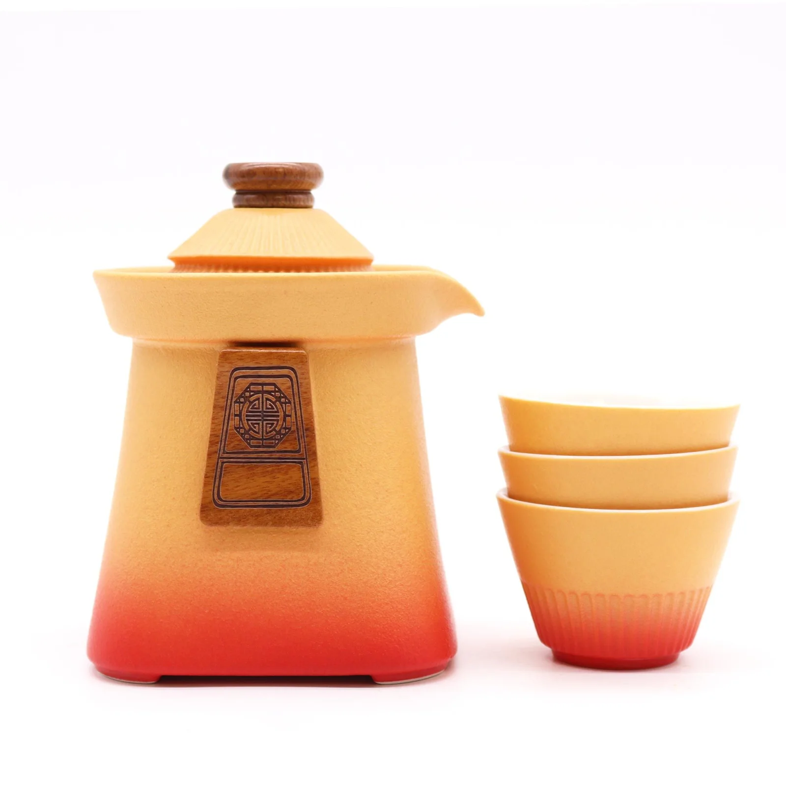 Keramická čajová sada Temple Orange Earth – kanvica a 3 šálky – fotka 1