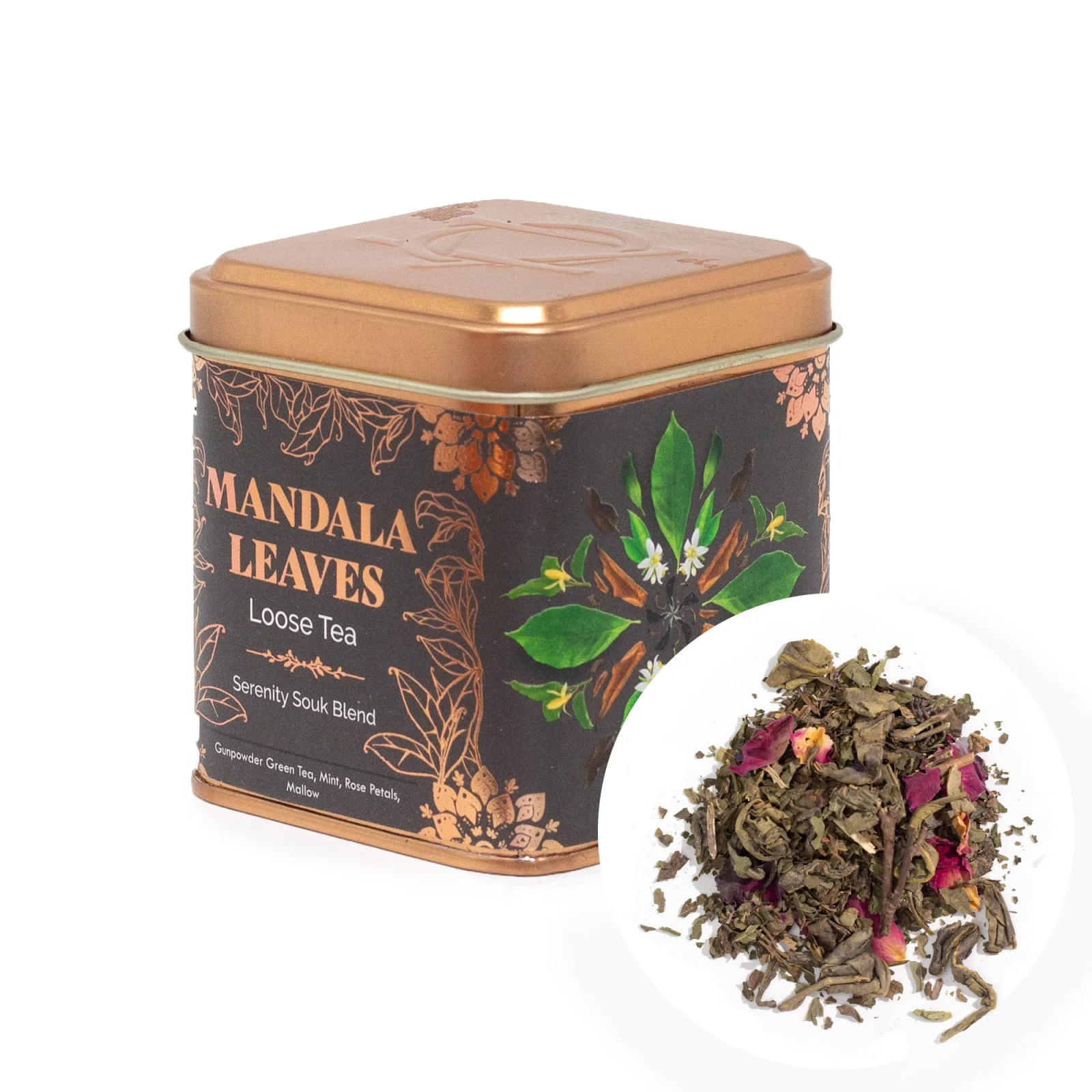 Zelený čaj Serenity Souk – mäta a ružové lupienky, 50 g, plechovka – fotka 2