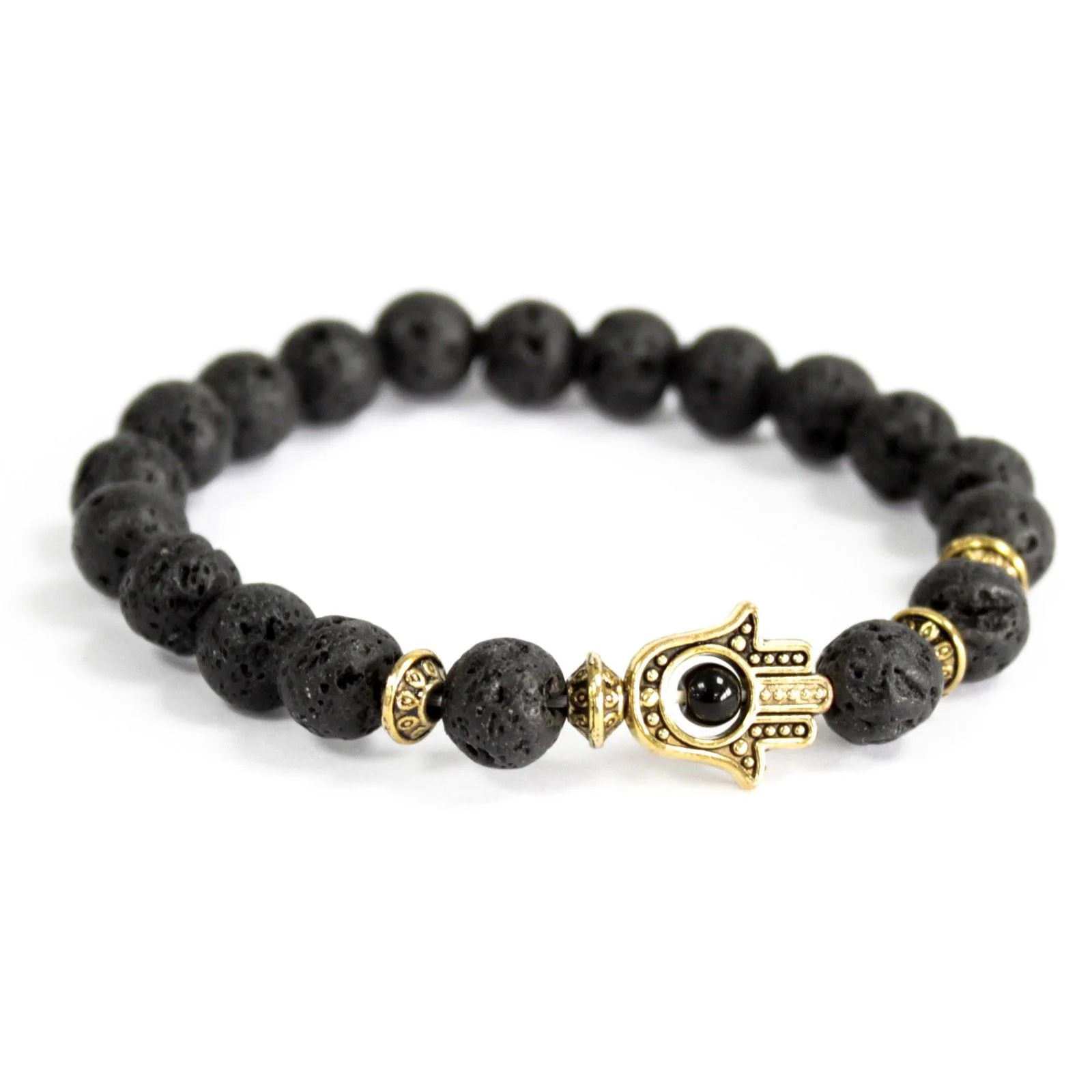Náramok Boho z lávového kameňa – zlatá hamsa – fotka 1