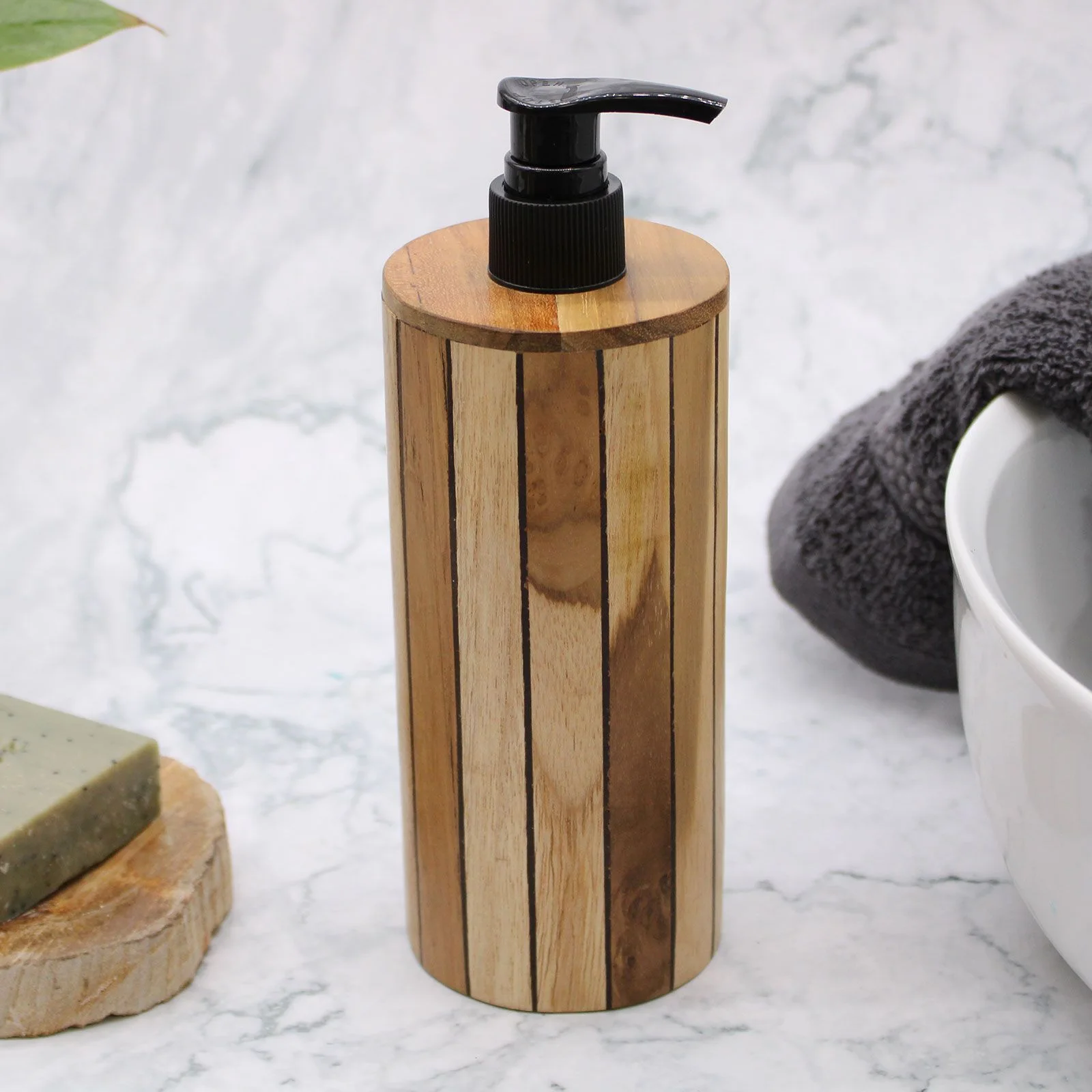 Dávkovač mydla z dreva teak – okrúhly, 200 ml – fotka 2