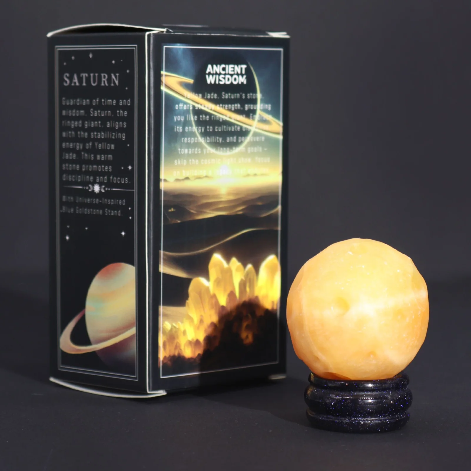 Planéta Saturn z žltého jade na stojane z goldstonu, 40 mm – fotka 3