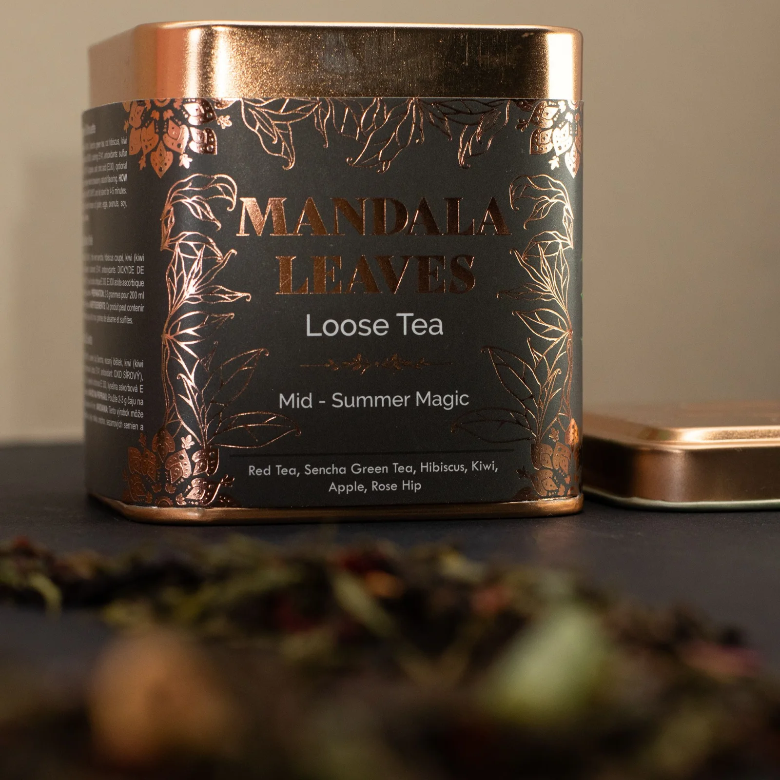 Ovocný čaj Mid-summer Magic – pu-erh a sencha, 50 g, plechovka – fotka 2