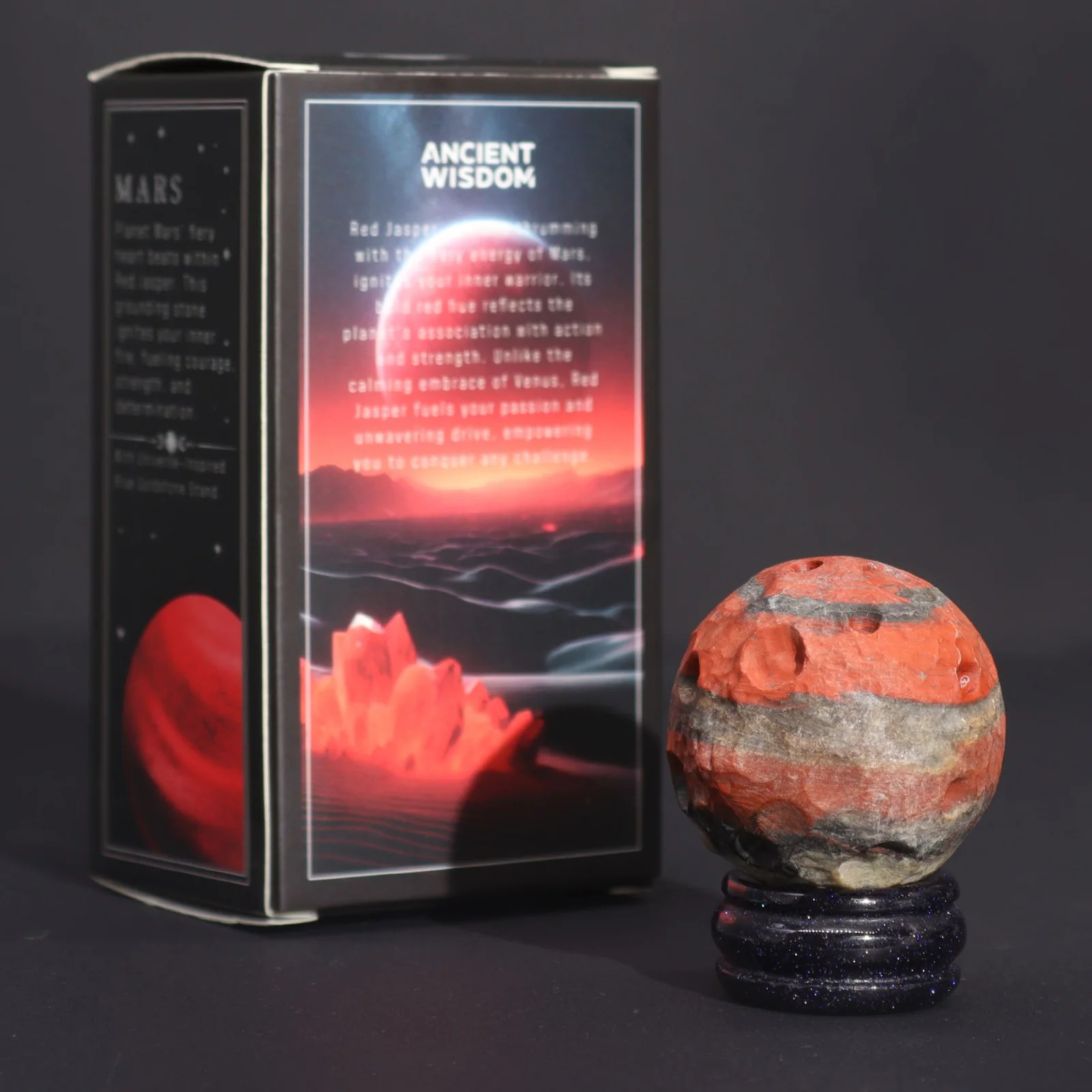 Planéta Mars z červeného jaspisu na stojane z goldstonu, 40 mm – fotka 3