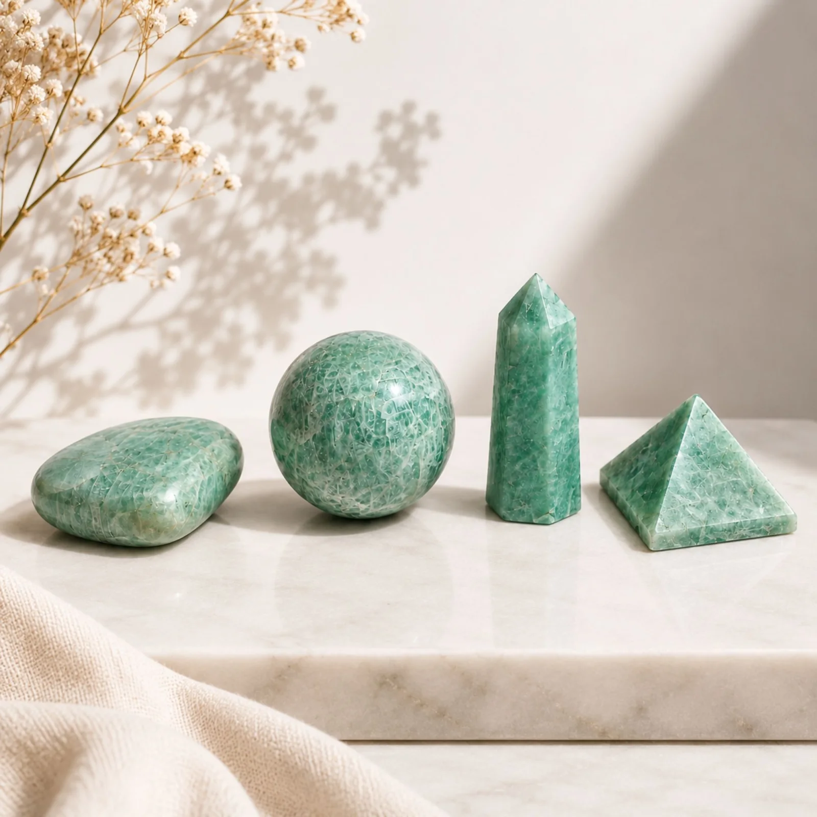 Sada 4 tvarov z amazonitu – srdce, guľa, obelisk, pyramída – fotka 1